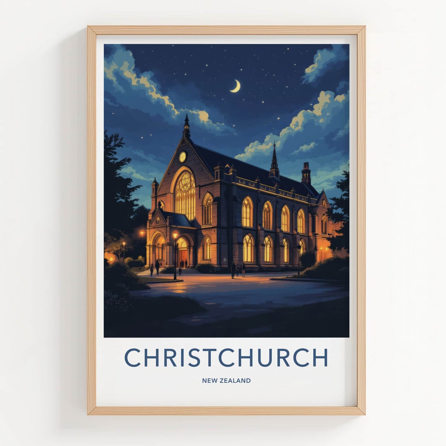Christchurch Poster - New Zealand Wall Art - Illuminated Church Night Home Decor