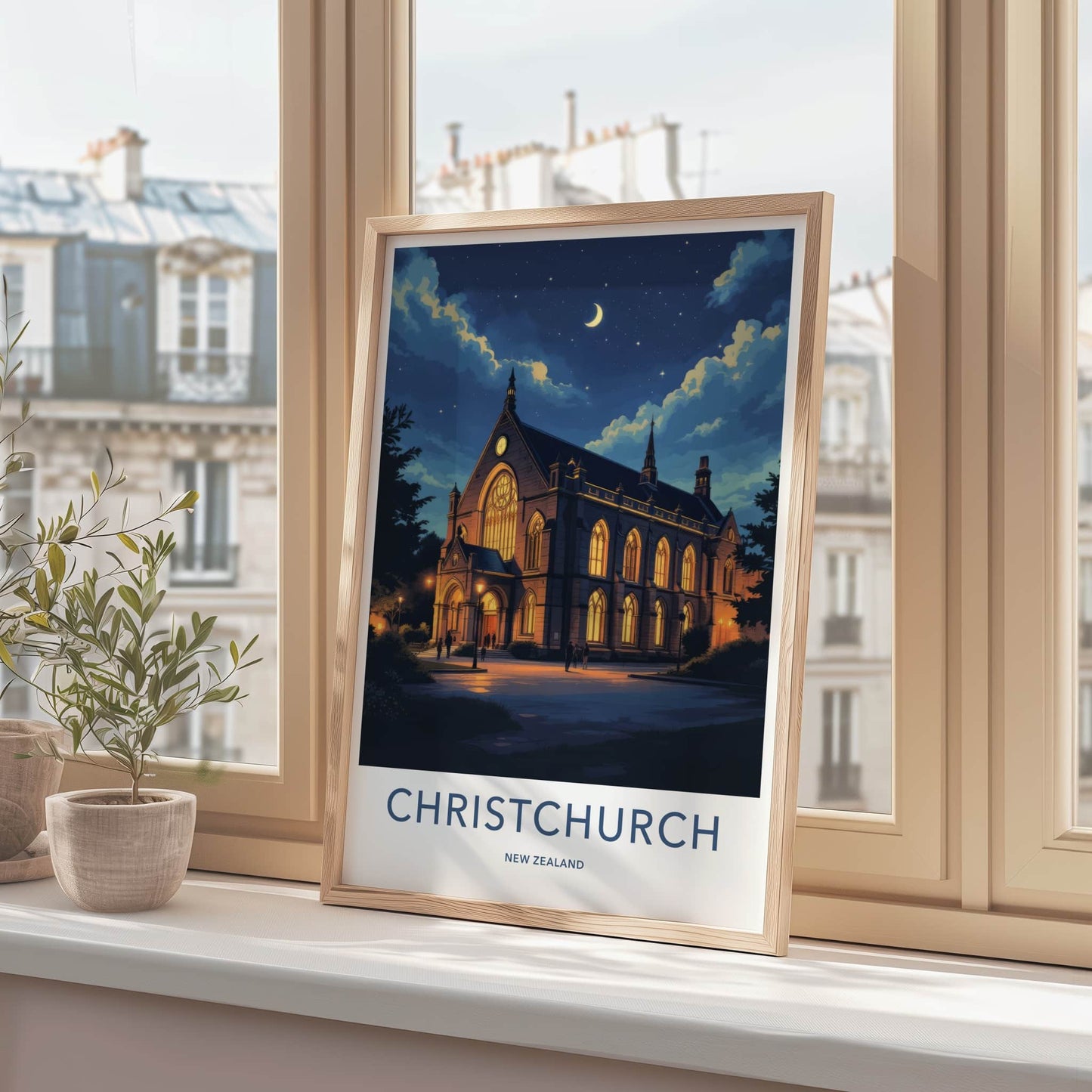 Christchurch Poster - New Zealand Wall Art - Illuminated Church Night Home Decor