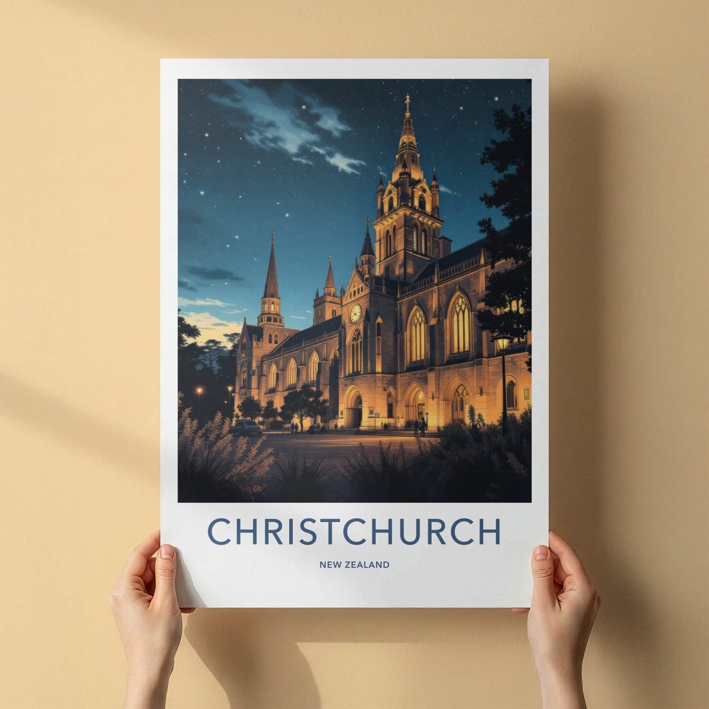 Christchurch Poster - New Zealand Wall Art - Starry Night Cathedral Home Decor