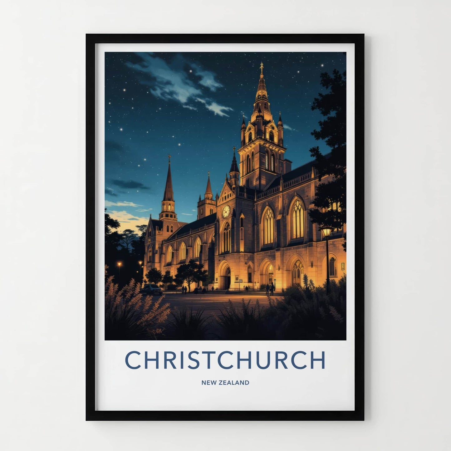 Christchurch Poster - New Zealand Wall Art - Starry Night Cathedral Home Decor