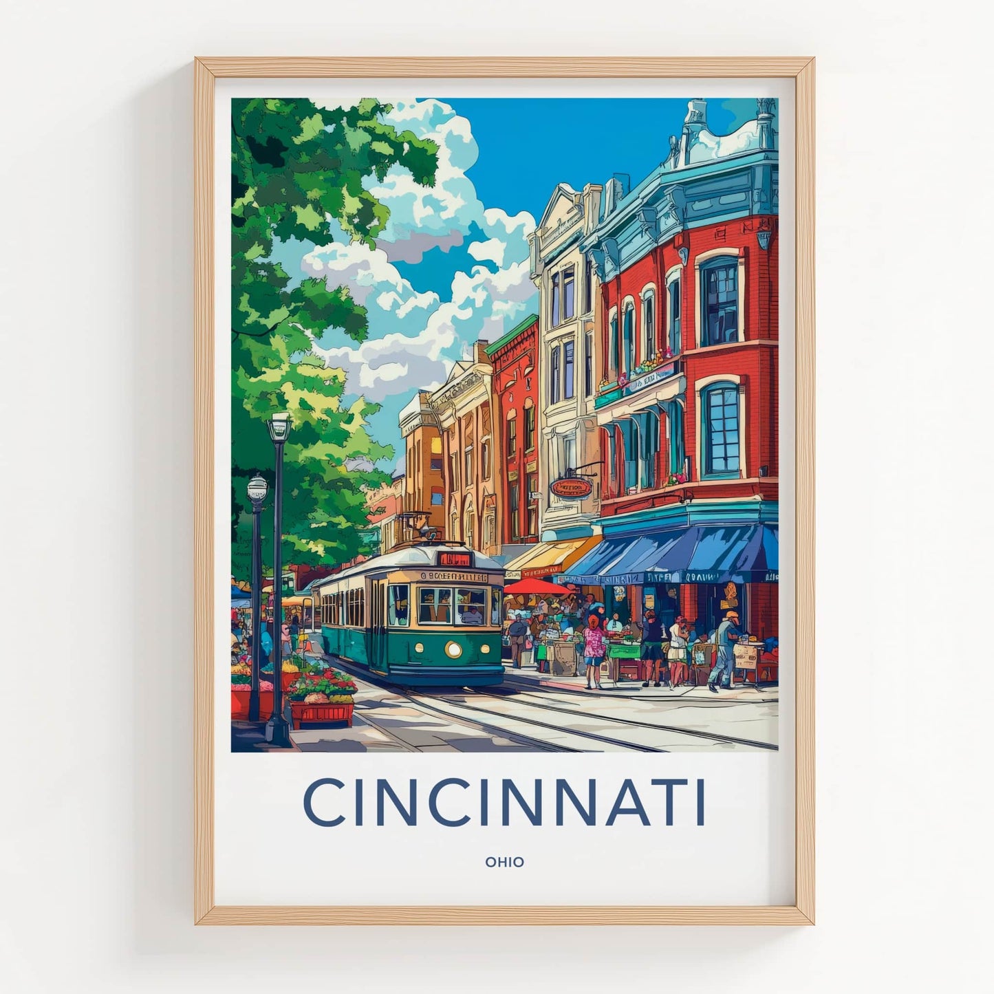 Cincinnati Poster - Ohio Travel Art - City Streetcar Scene Home Decor