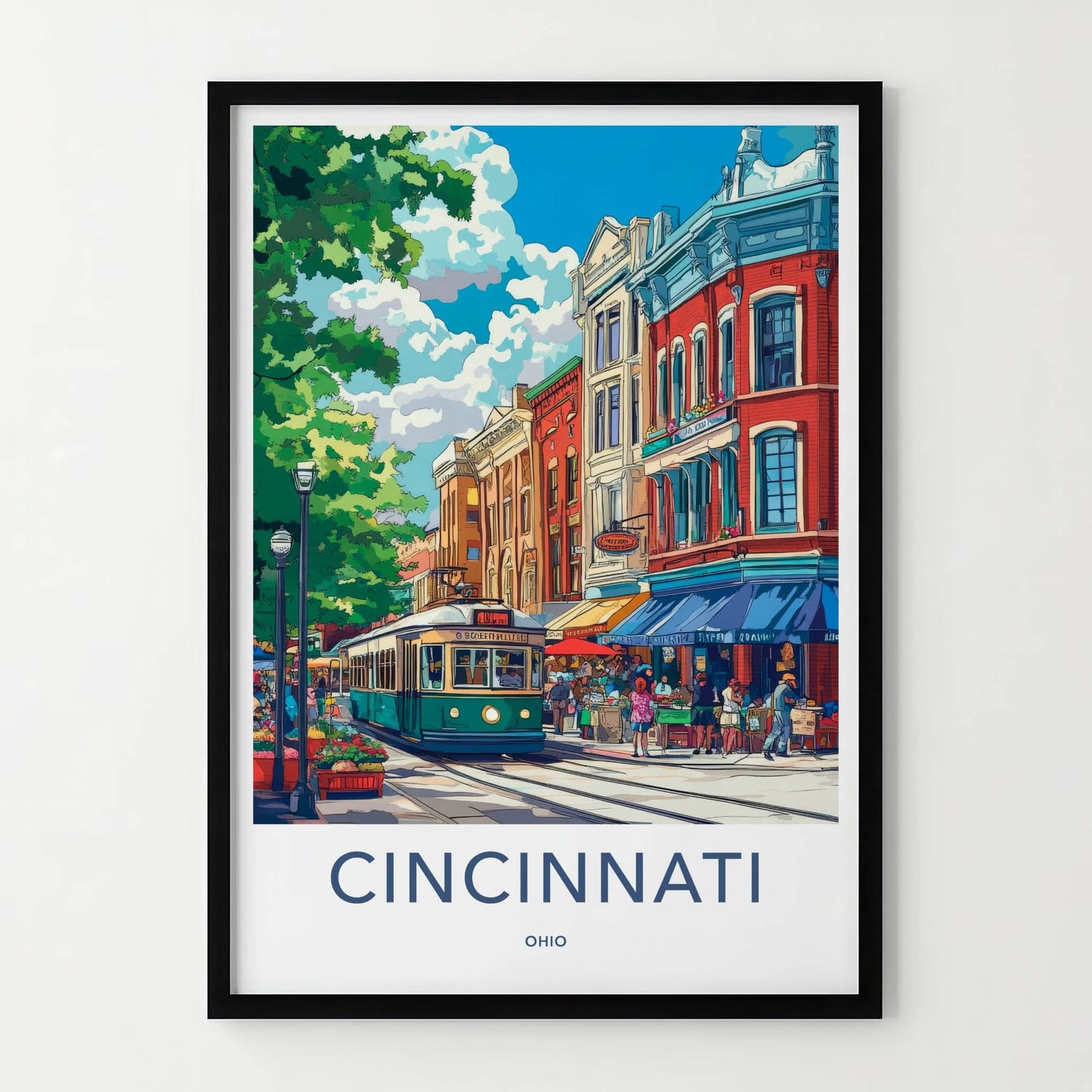 Cincinnati Poster - Ohio Travel Art - City Streetcar Scene Home Decor