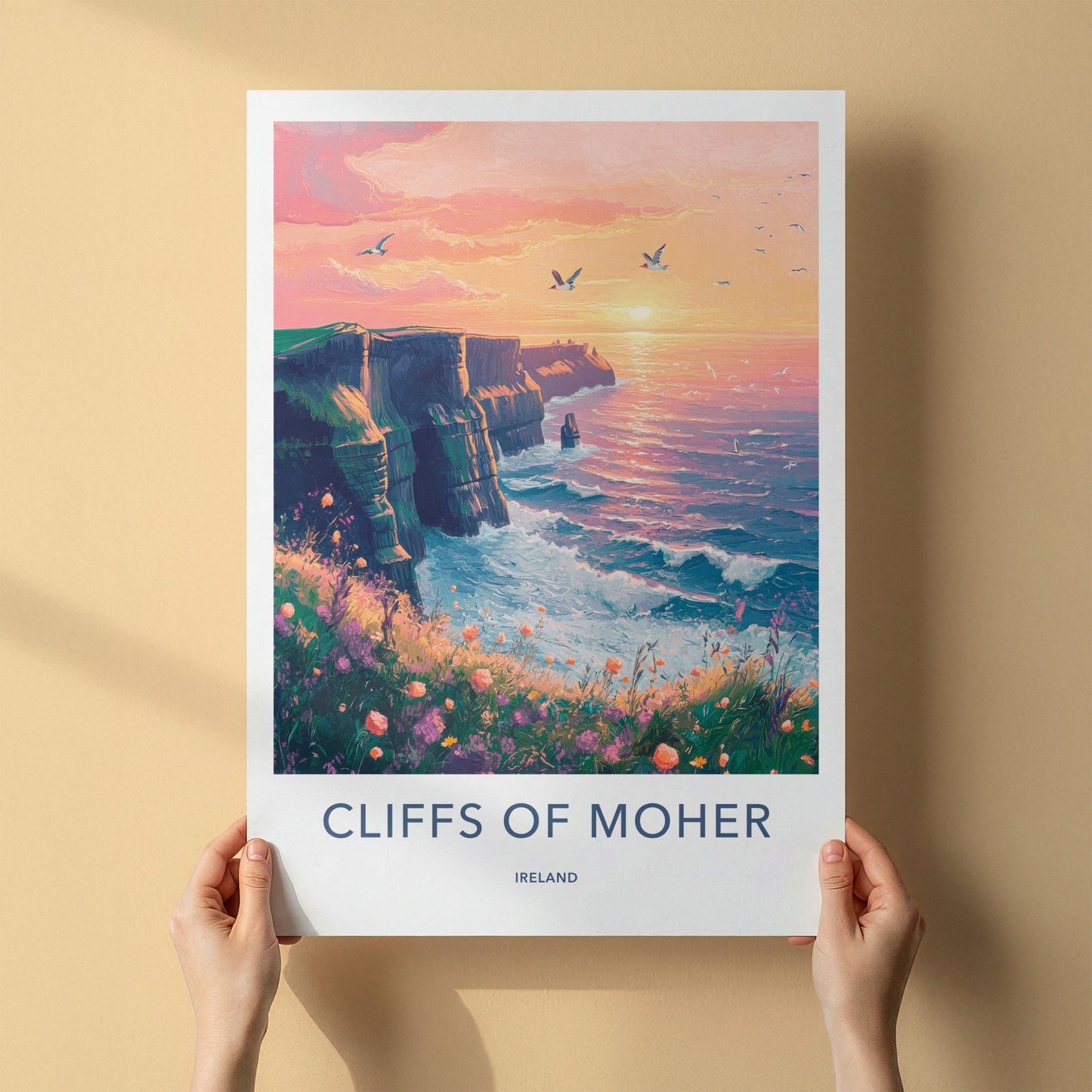 Cliffs of Moher Poster - Ireland Travel Art - Wildflower Cliffside Sunset Wall Decor