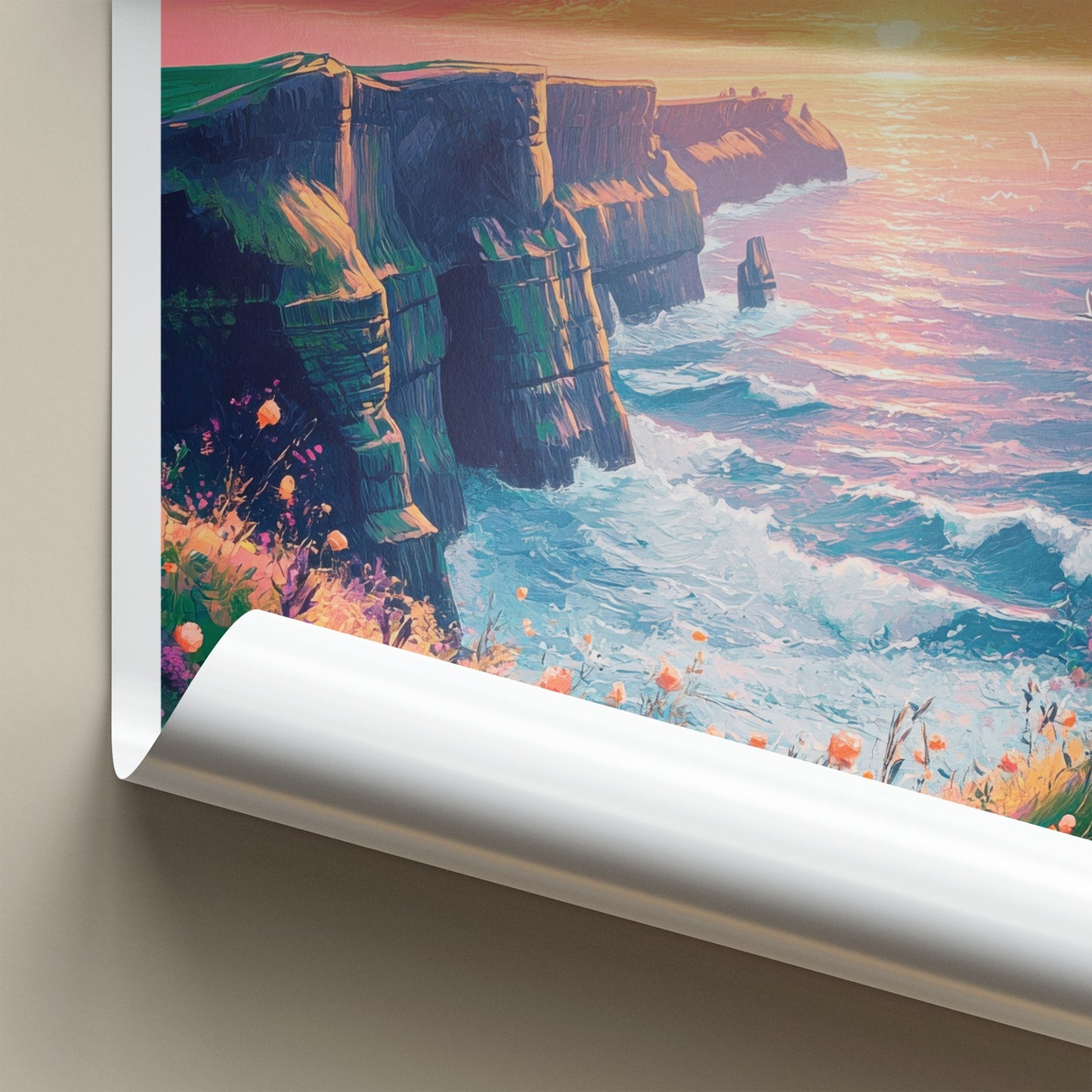 Cliffs of Moher Poster - Ireland Travel Art - Wildflower Cliffside Sunset Wall Decor