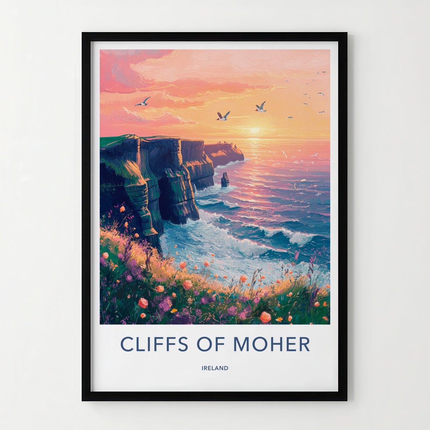 Cliffs of Moher Poster - Ireland Travel Art - Wildflower Cliffside Sunset Wall Decor