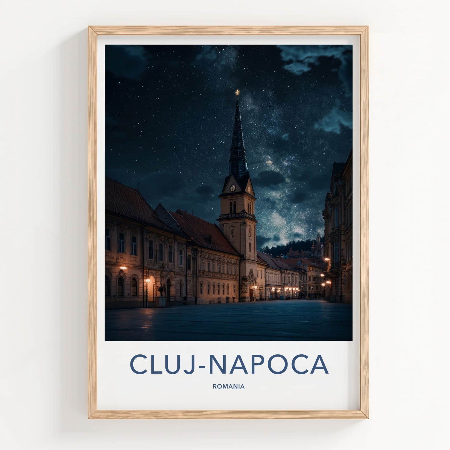 Cluj-Napoca Poster - Romania Travel Art - Starry Church Spire Home Decor
