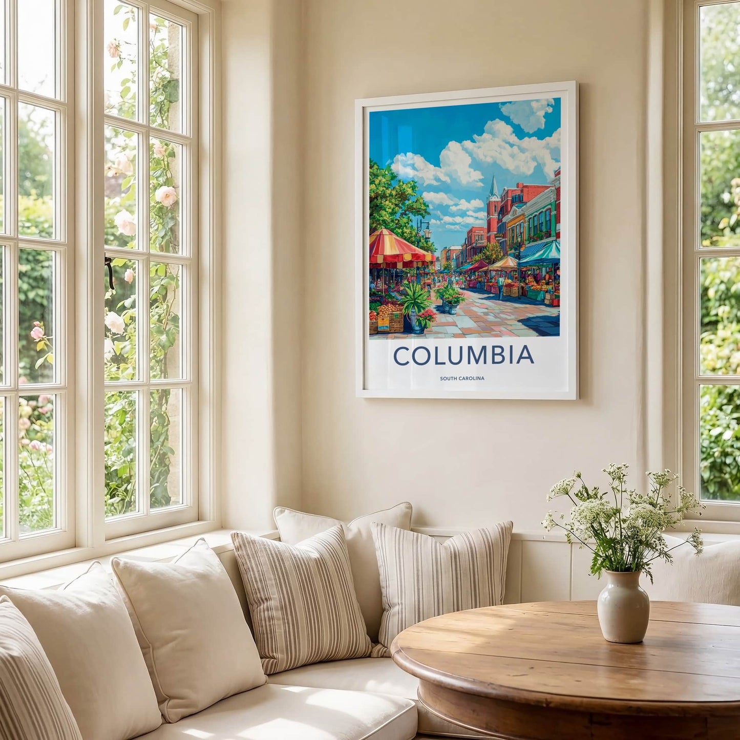 Columbia Poster - South Carolina Travel Art - Vibrant Market Scene Home Decor