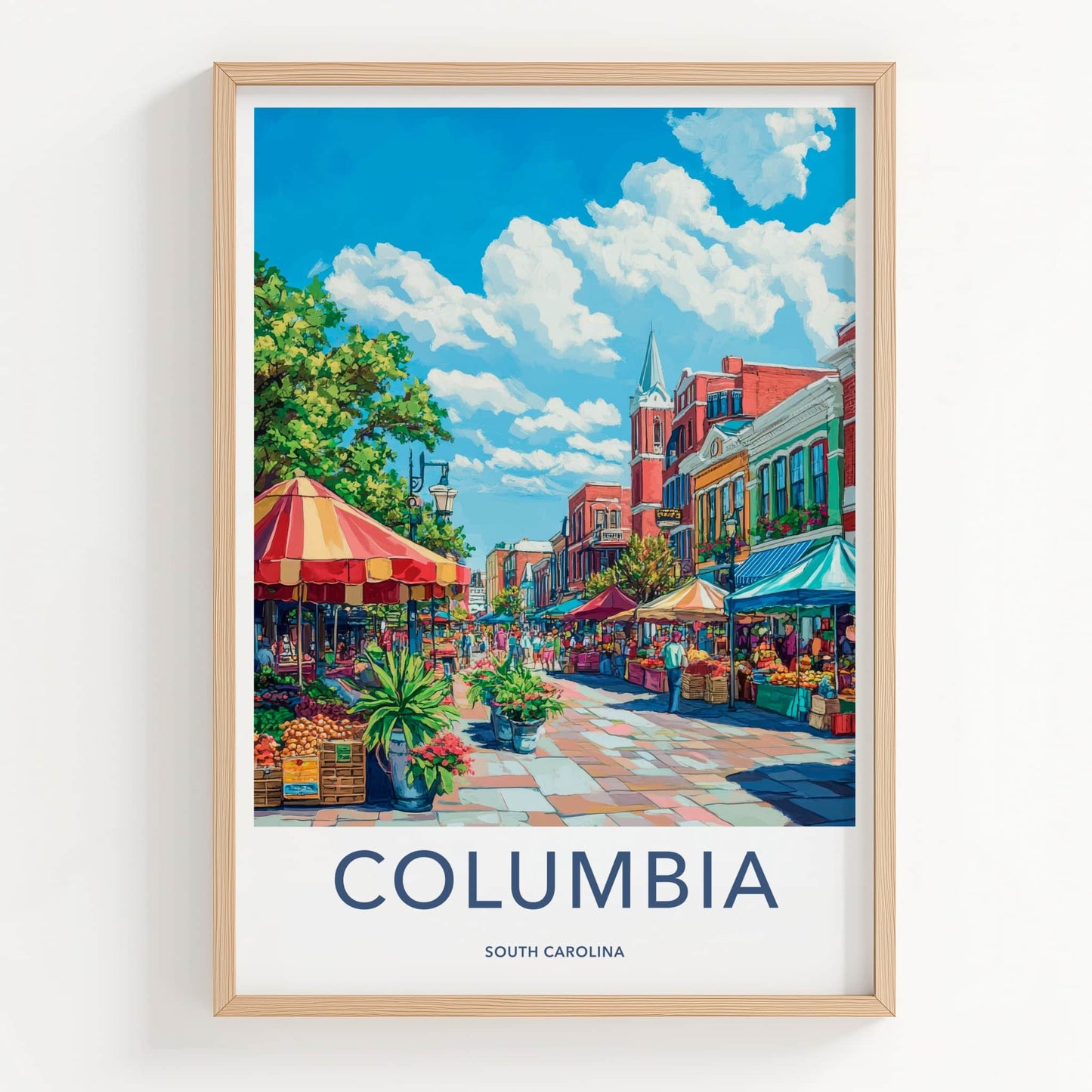 Columbia Poster - South Carolina Travel Art - Vibrant Market Scene Home Decor