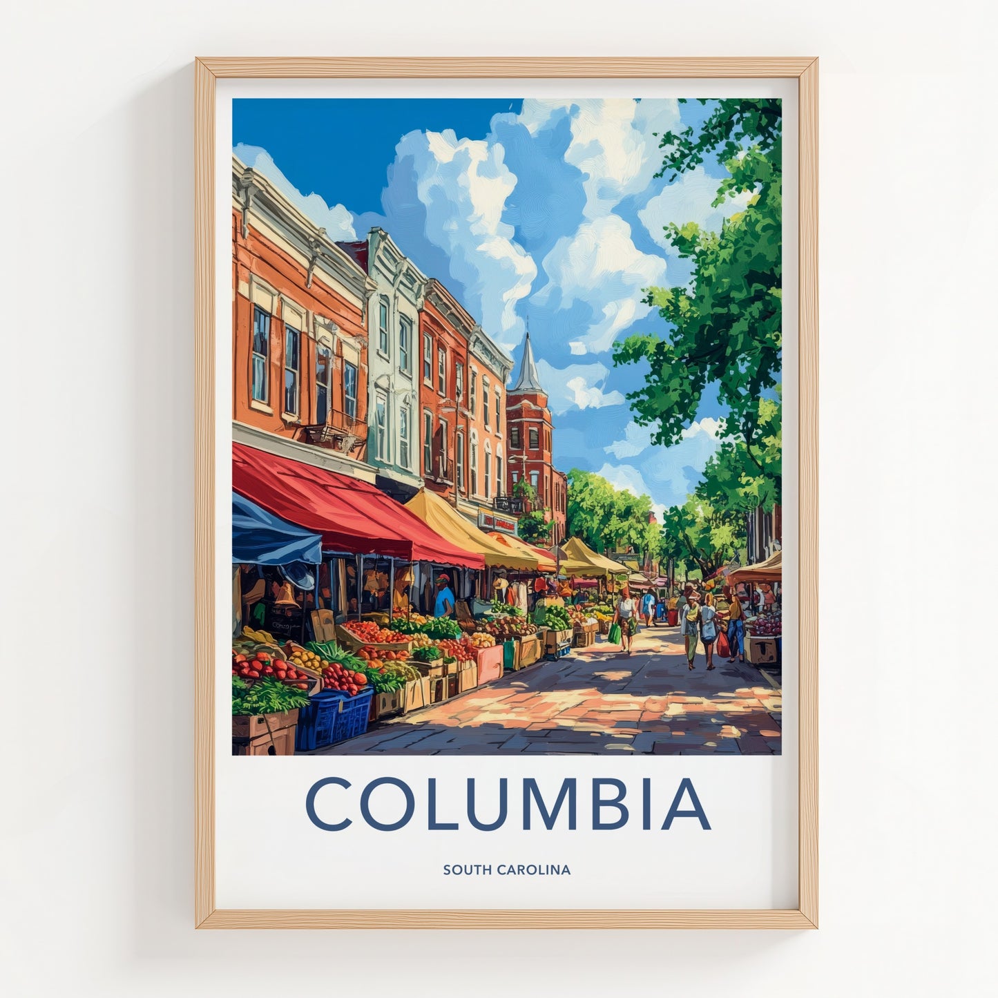 Columbia Poster - South Carolina Travel Art - Vibrant Market Scene Wall Decor