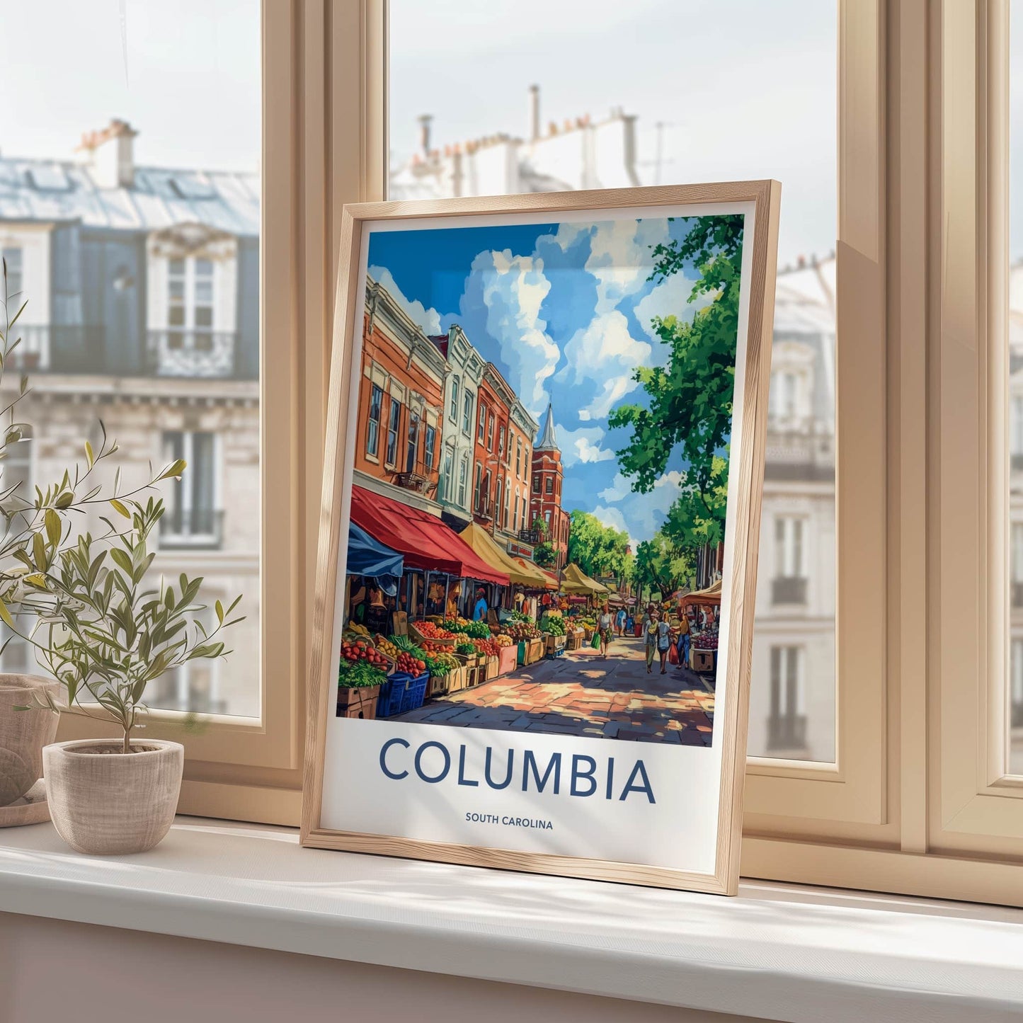 Columbia Poster - South Carolina Travel Art - Vibrant Market Scene Wall Decor