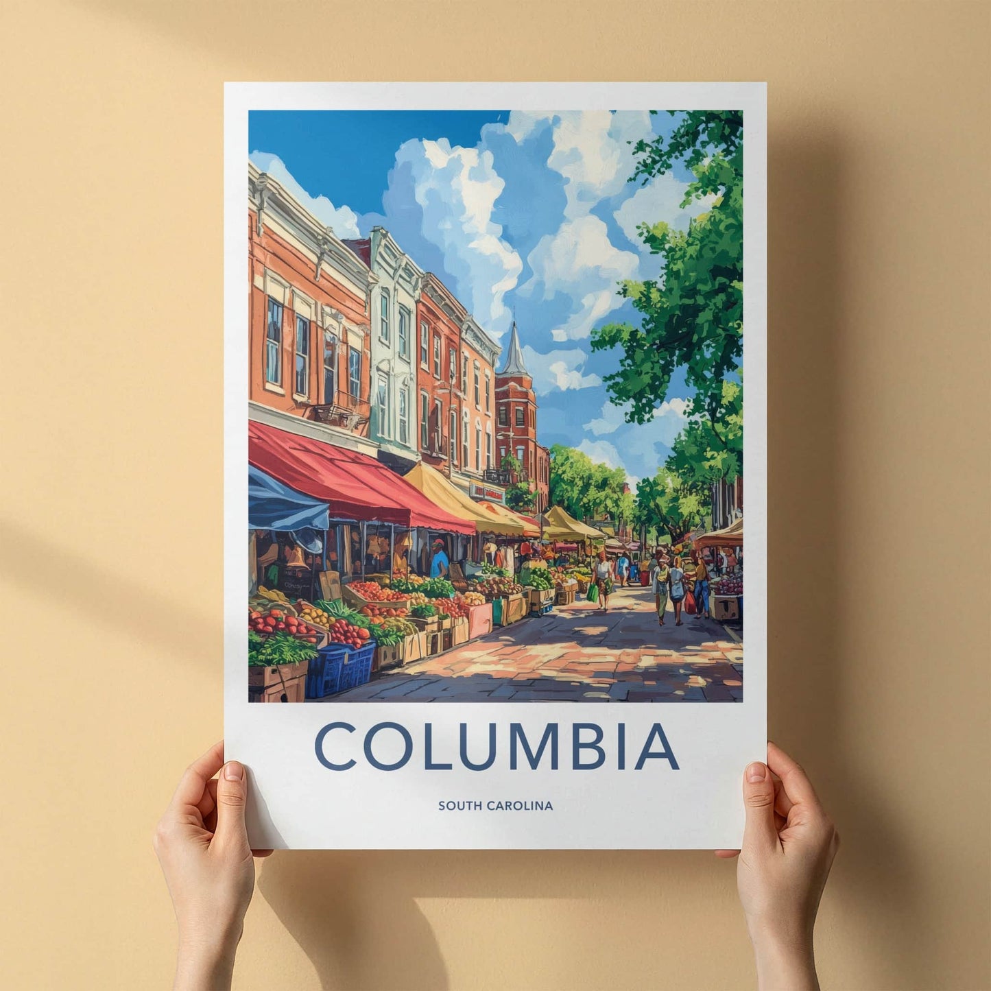 Columbia Poster - South Carolina Travel Art - Vibrant Market Scene Wall Decor