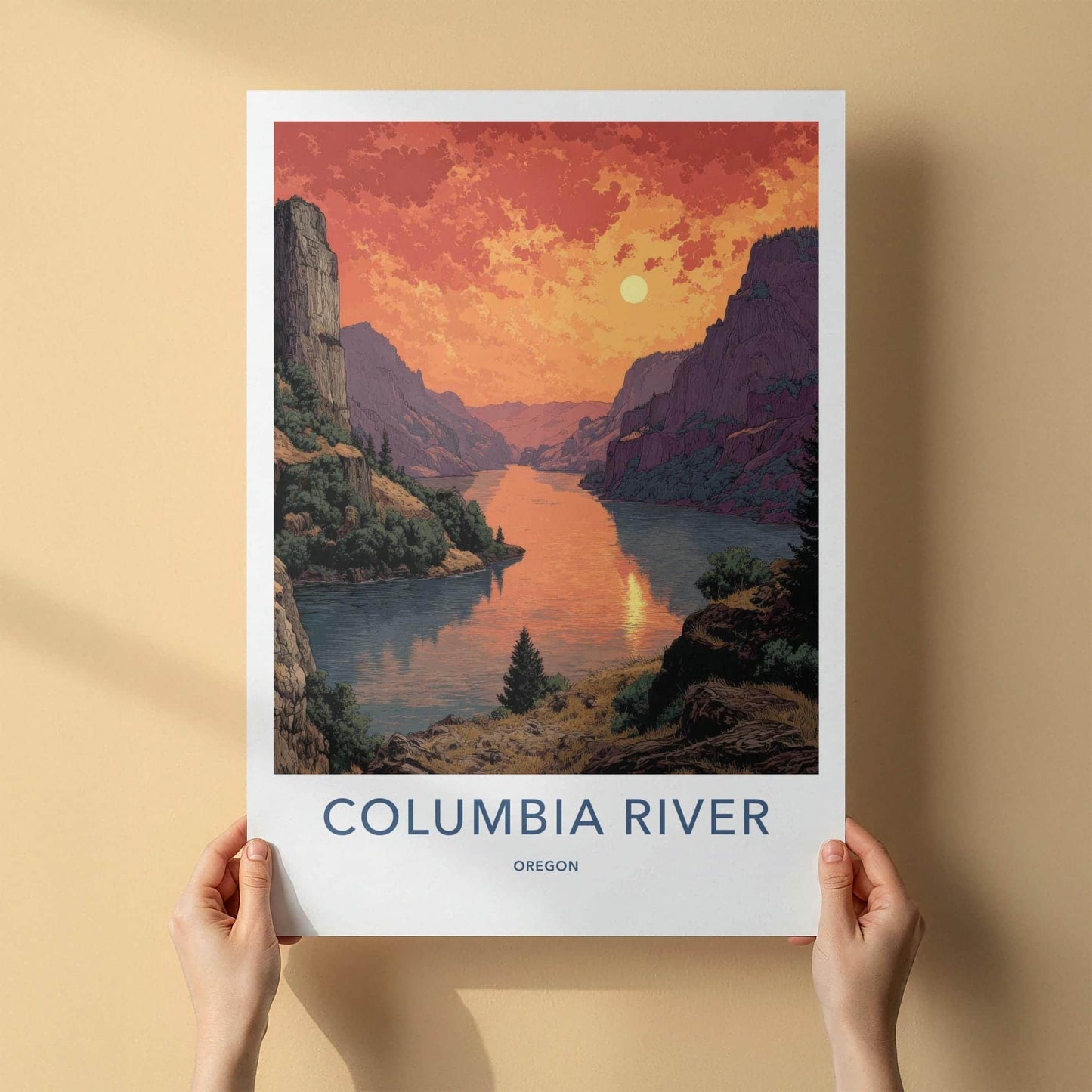 Columbia River Poster - Oregon Travel Print - Fiery Gorge Sunset Home Art