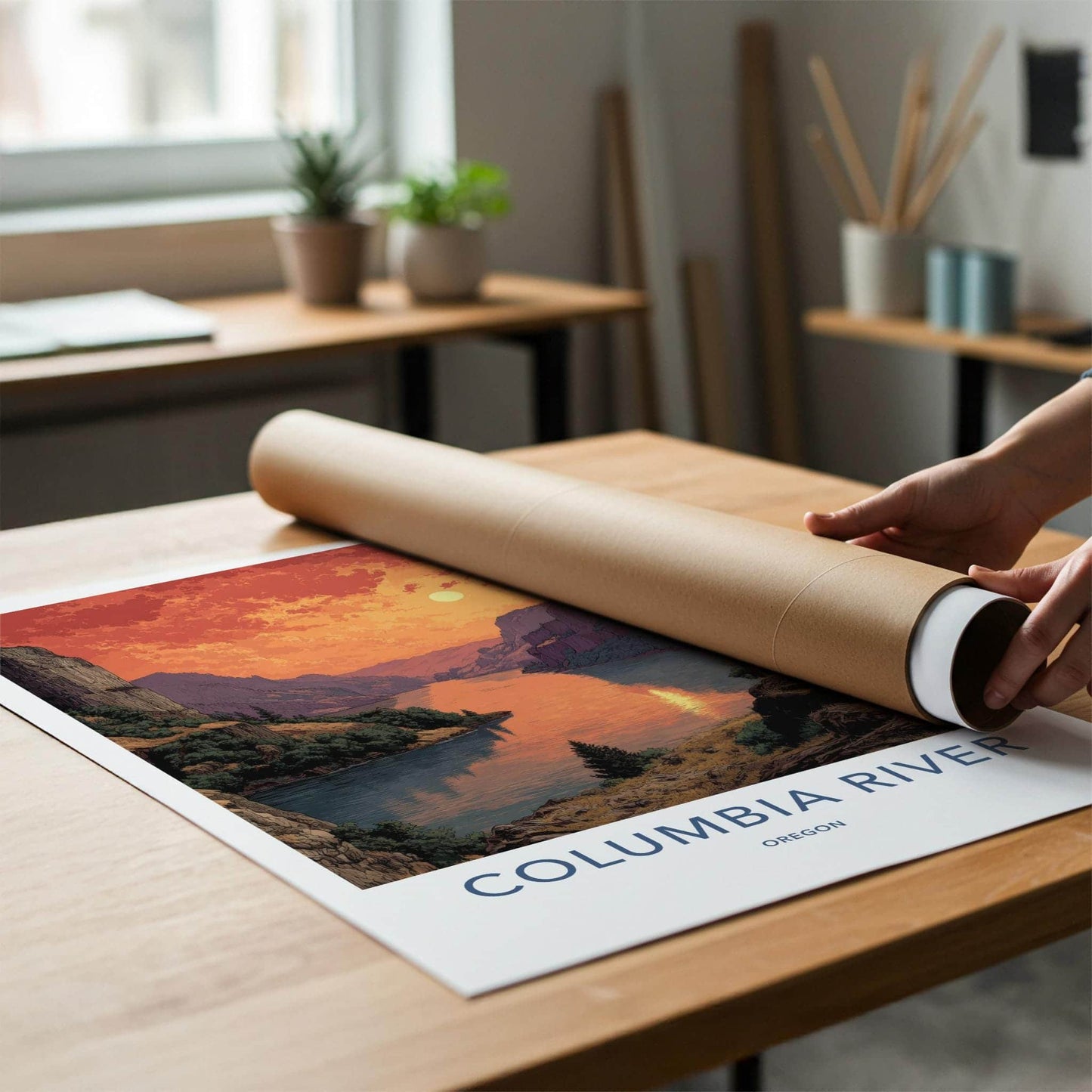 Columbia River Poster - Oregon Travel Print - Fiery Gorge Sunset Home Art