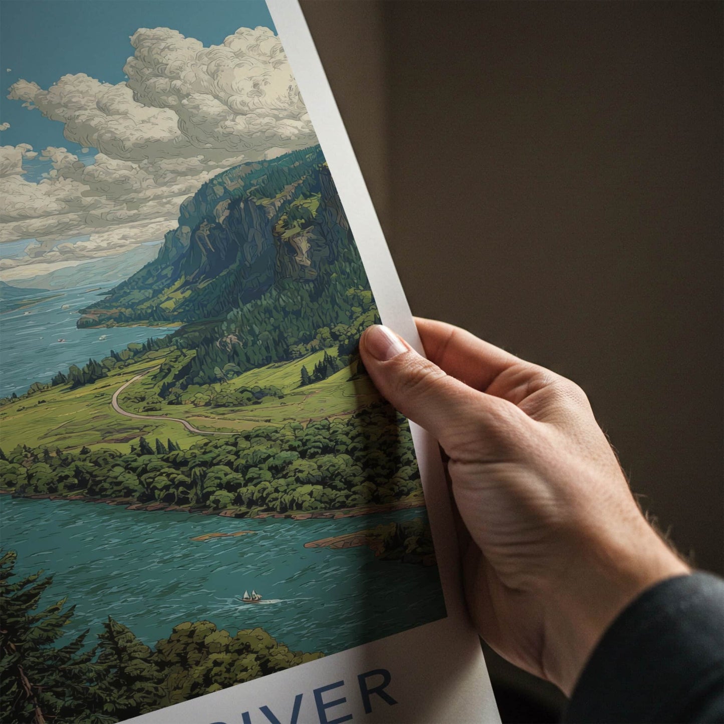 Columbia River Poster - Oregon Travel Print - Mountain River Landscape Home Art