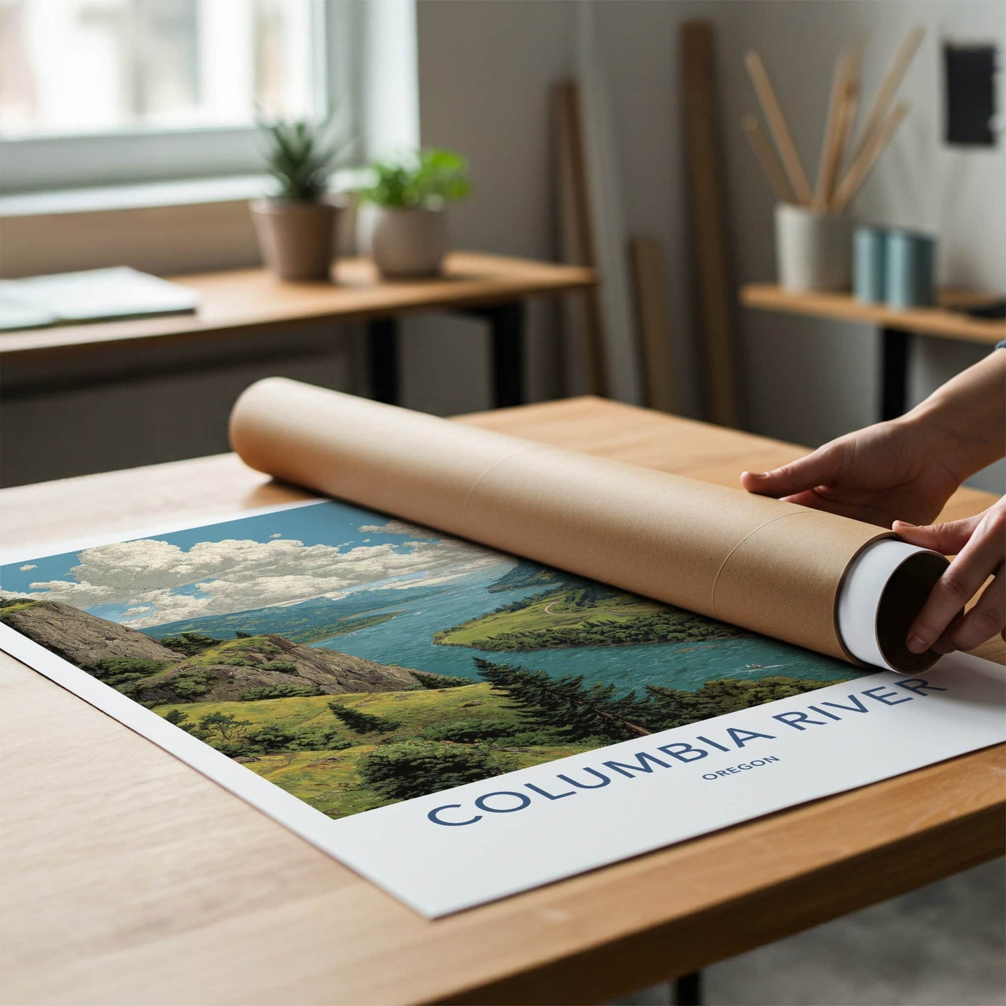 Columbia River Poster - Oregon Travel Print - Mountain River Landscape Home Art