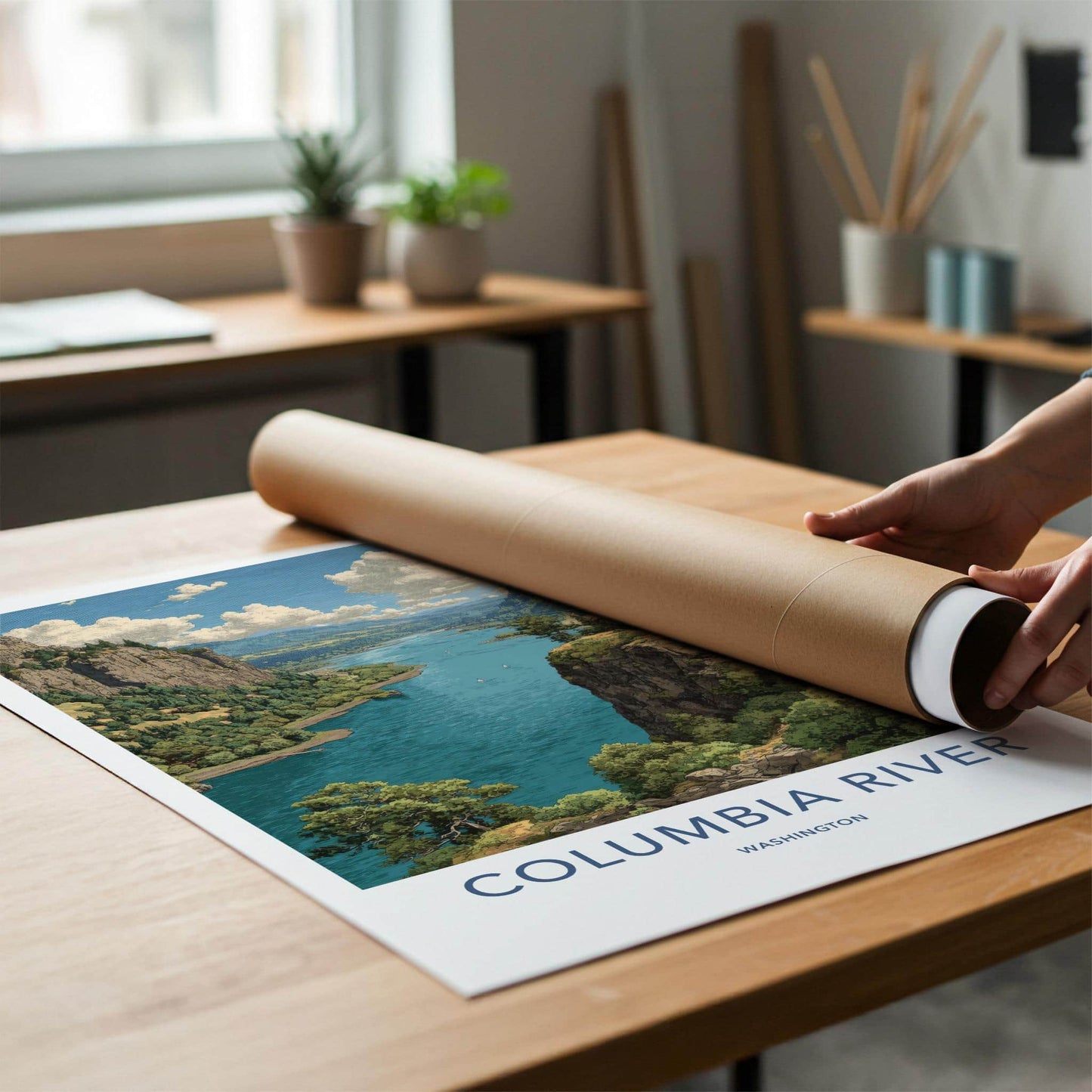 Columbia River Poster - Washington Travel Art - Forested Cliff River Home Decor