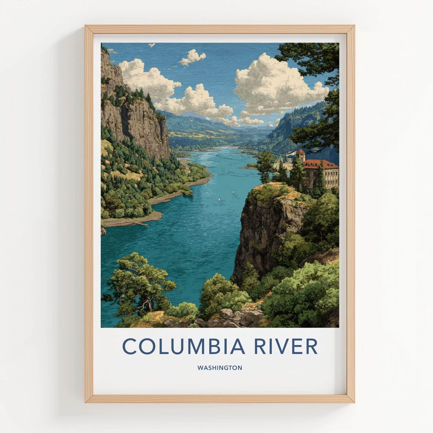 Columbia River Poster - Washington Travel Art - Forested Cliff River Home Decor