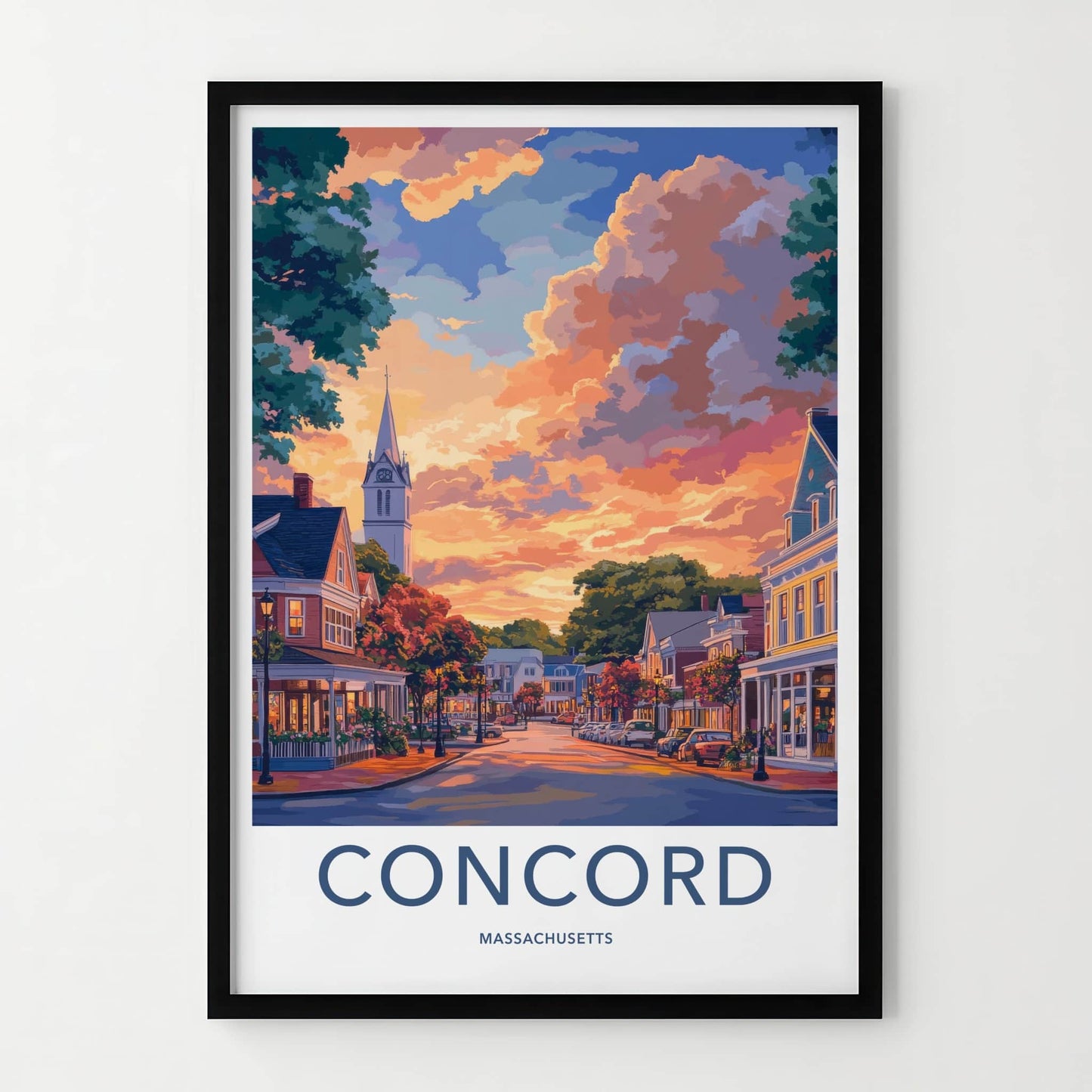 Concord Poster - Massachusetts Travel Art - Vibrant Sunset Town Home Decor