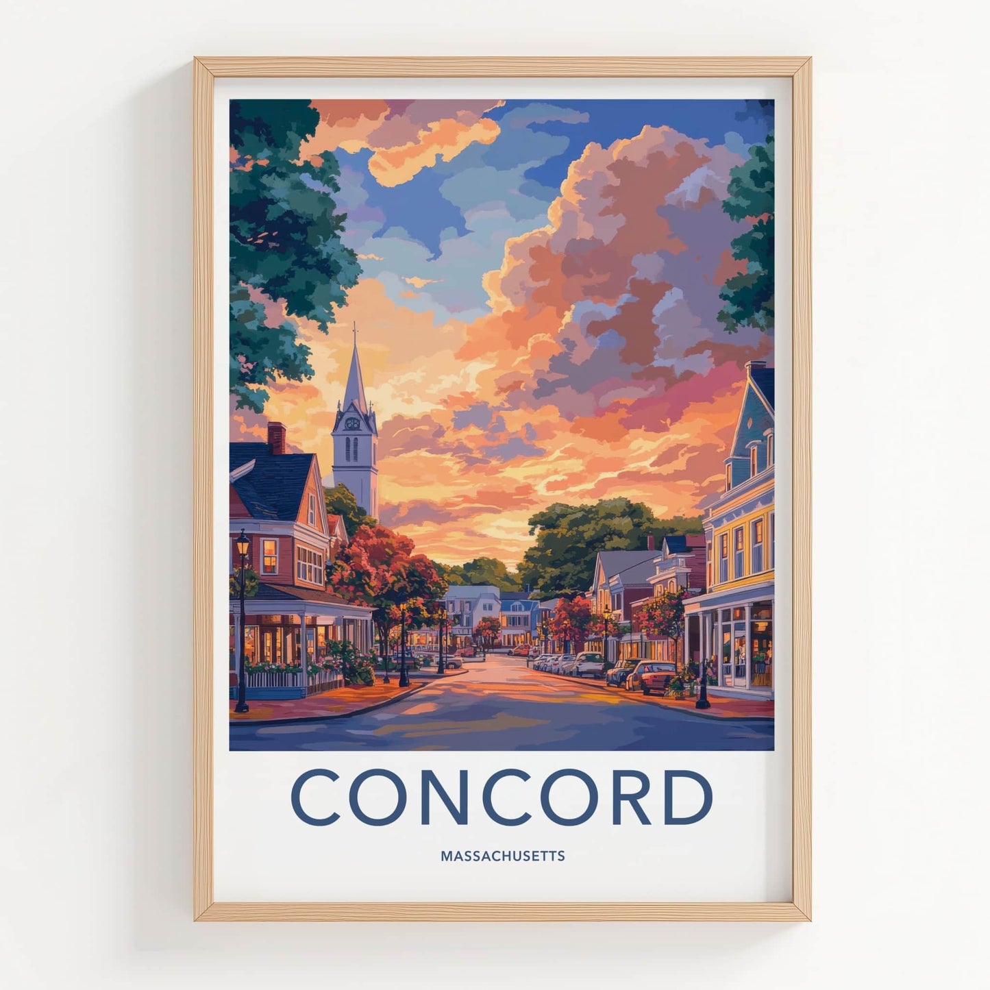 Concord Poster - Massachusetts Travel Art - Vibrant Sunset Town Home Decor