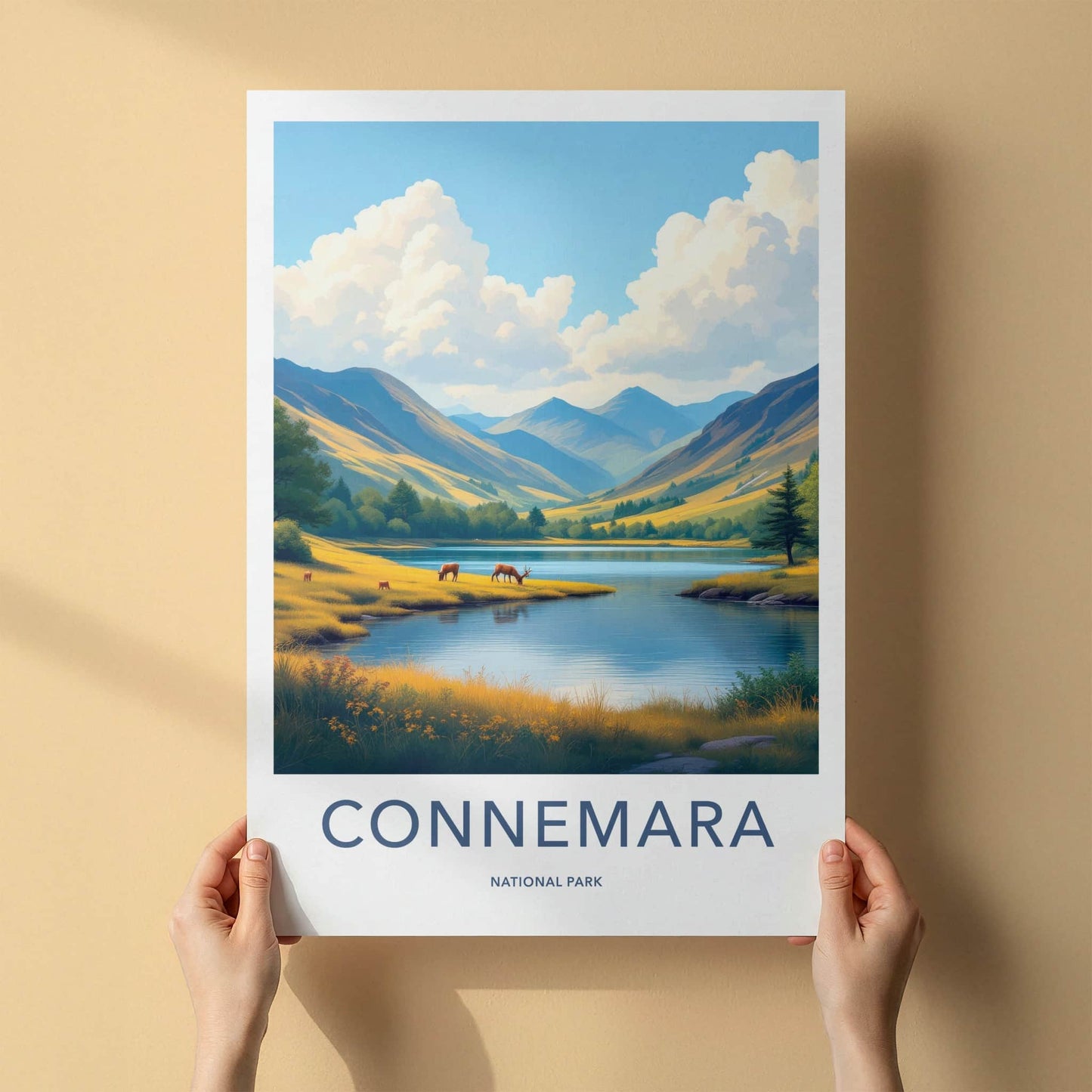 Connemara National Park Poster - Ireland Travel Art - Lake Deer Mountains Wall Decor