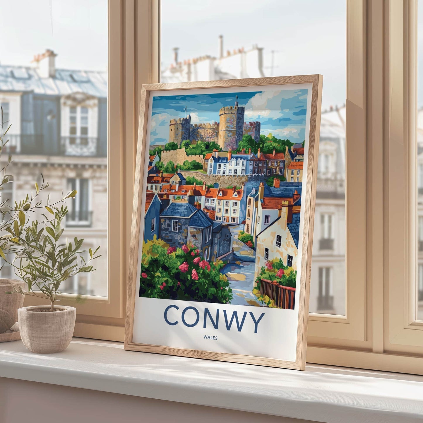 Conwy Poster - Wales Framed Print - Historic Hillside Village Framed Decor