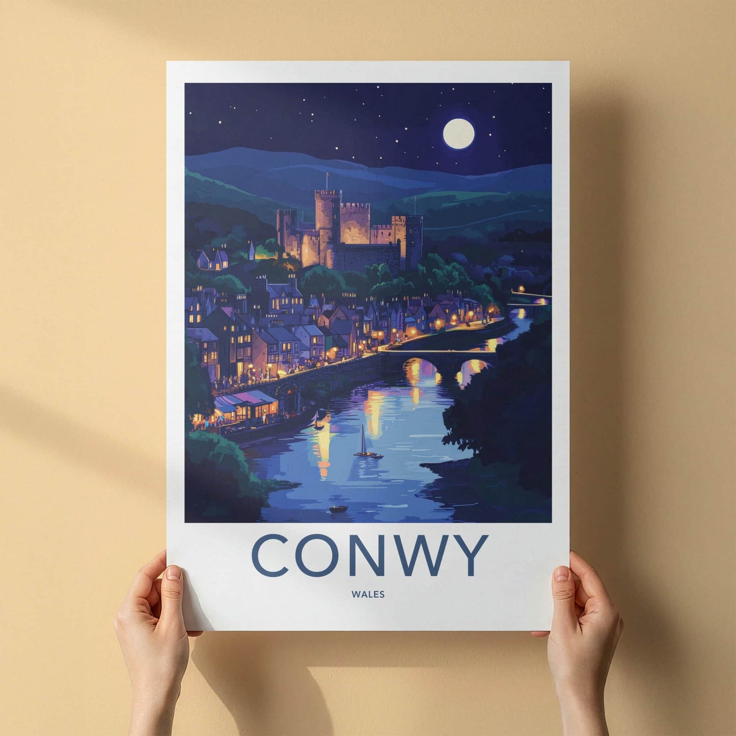 Conwy Poster - Wales Travel Art - Moonlit Castle Town Home Decor