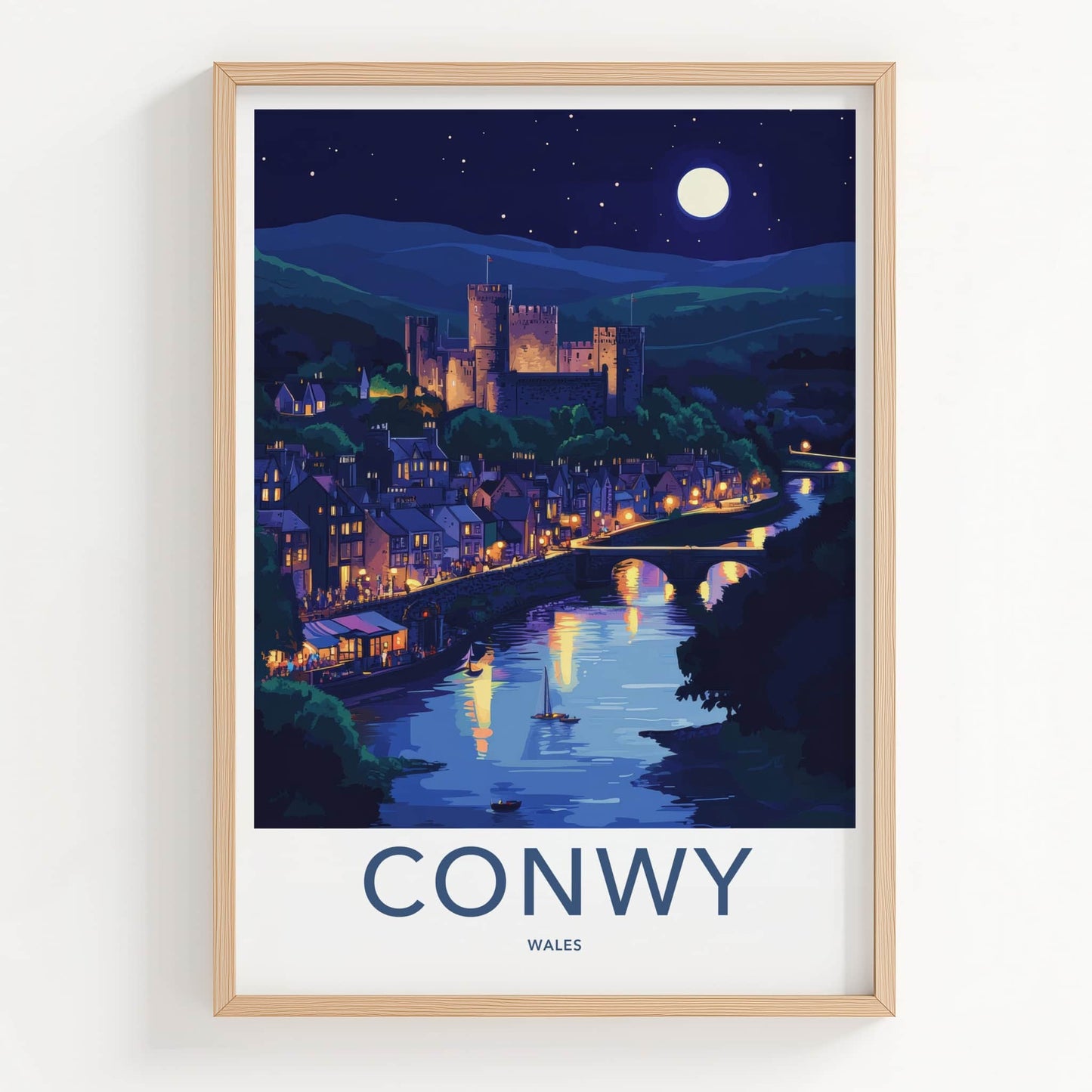 Conwy Poster - Wales Travel Art - Moonlit Castle Town Home Decor