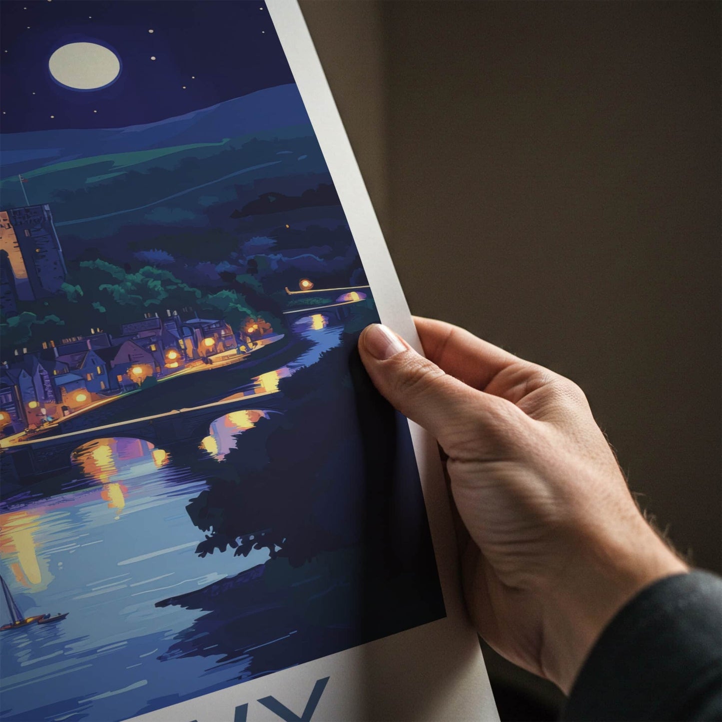 Conwy Poster - Wales Travel Art - Moonlit Castle Town Home Decor