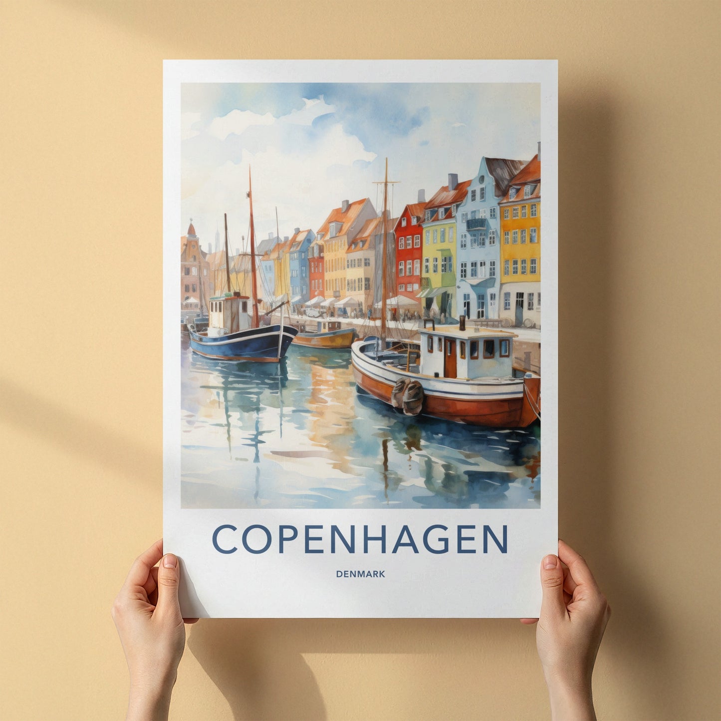 Copenhagen Poster - Denmark Travel Art - Colorful Canal Boats Home Decor