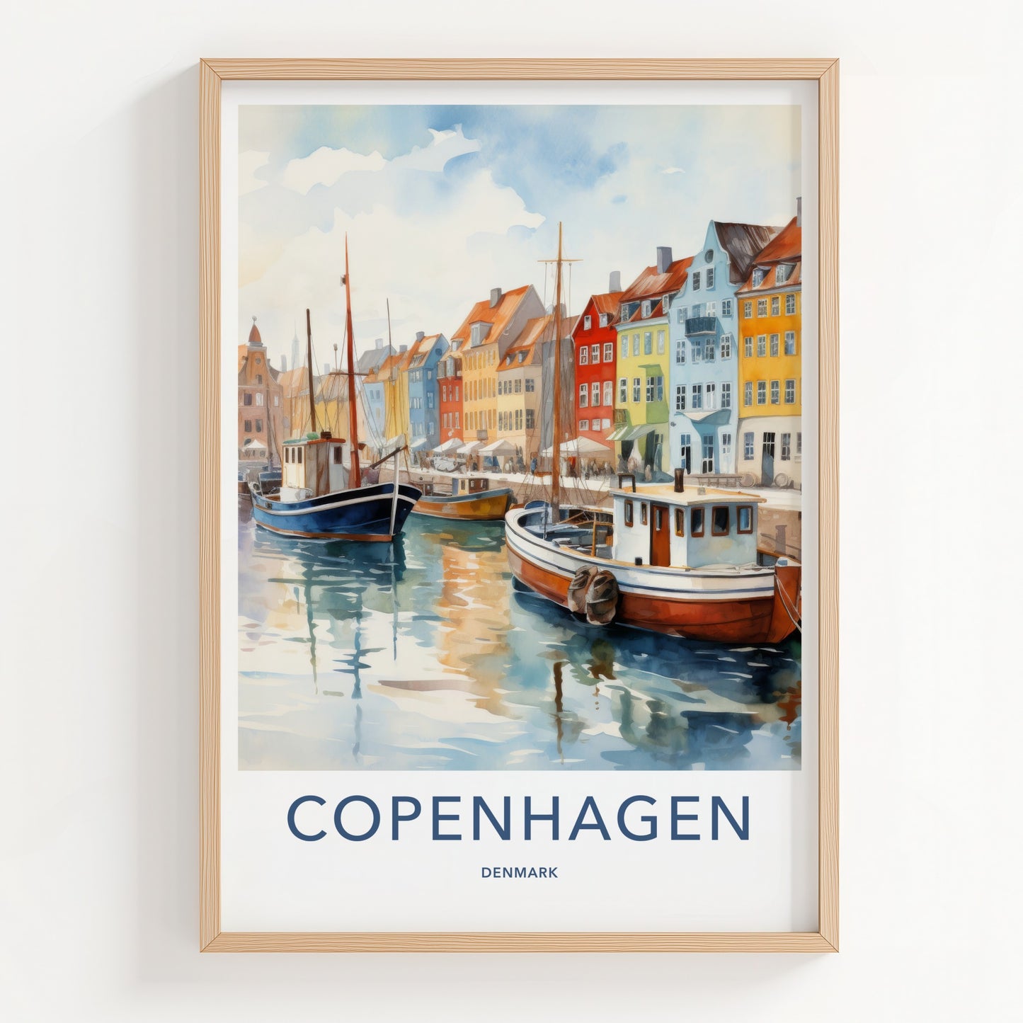 Copenhagen Poster - Denmark Travel Art - Colorful Canal Boats Home Decor