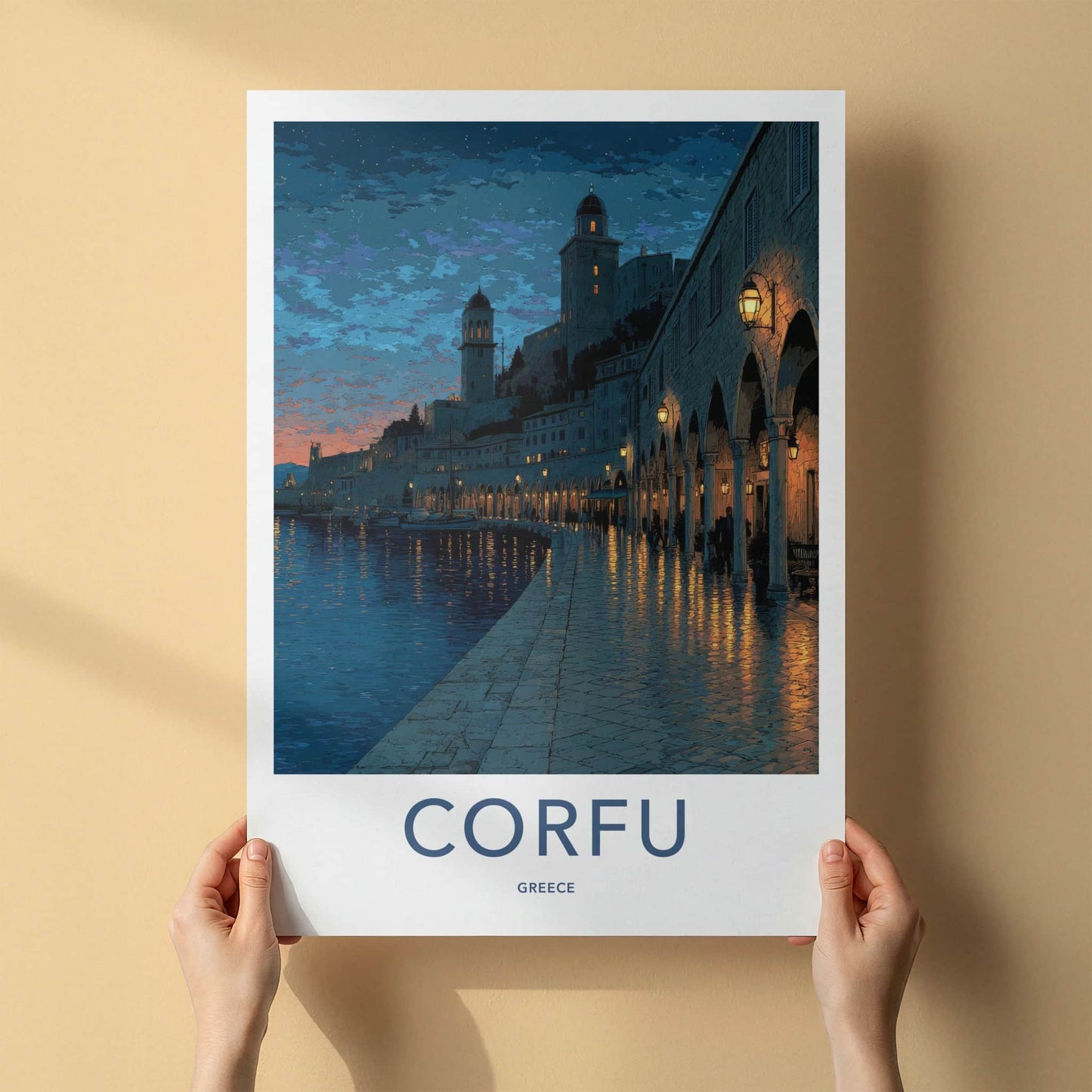 Corfu Poster - Greece Framed Art - Arched Waterfront Night Wall Decor