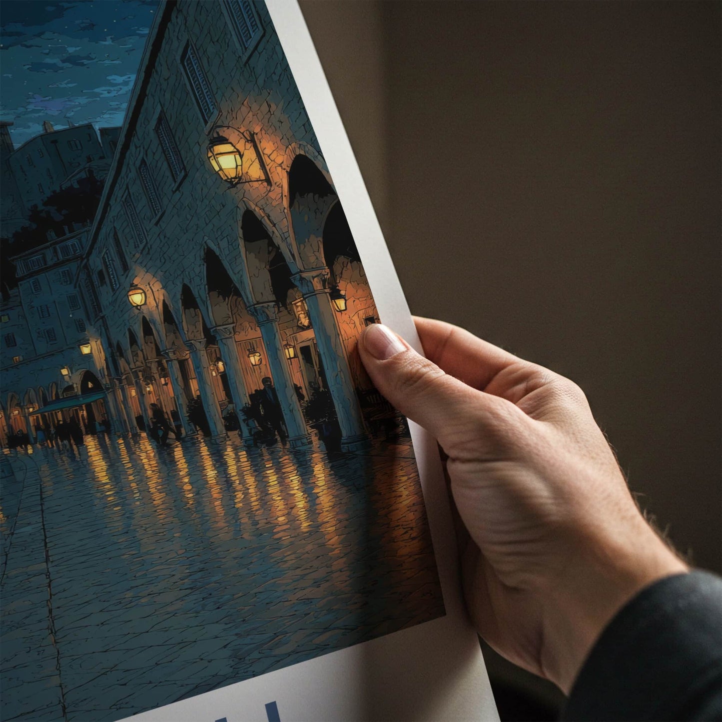 Corfu Poster - Greece Framed Art - Arched Waterfront Night Wall Decor