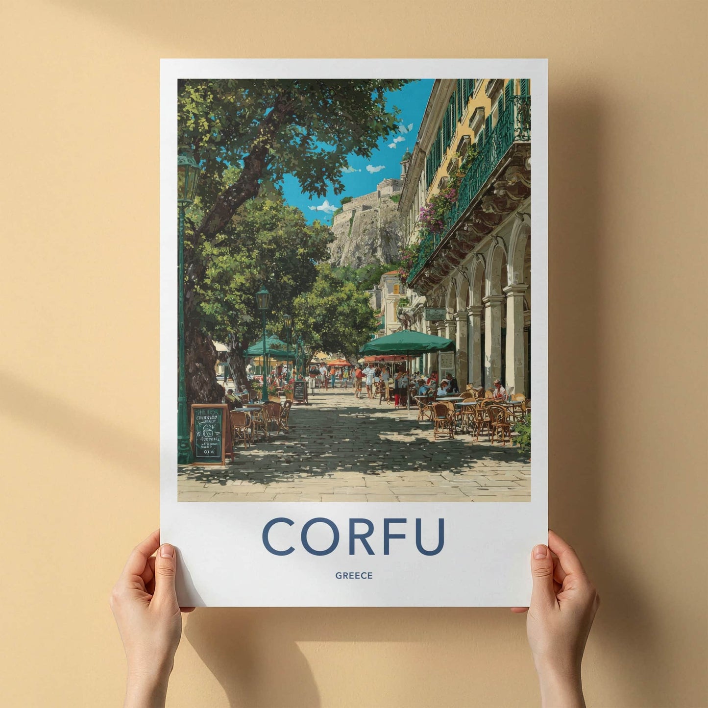 Corfu Poster Greece Street Cafe Scene Framed Print Home Decor