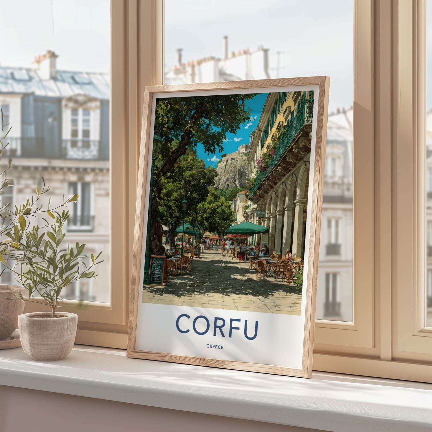 Corfu Poster Greece Street Cafe Scene Framed Print Home Decor