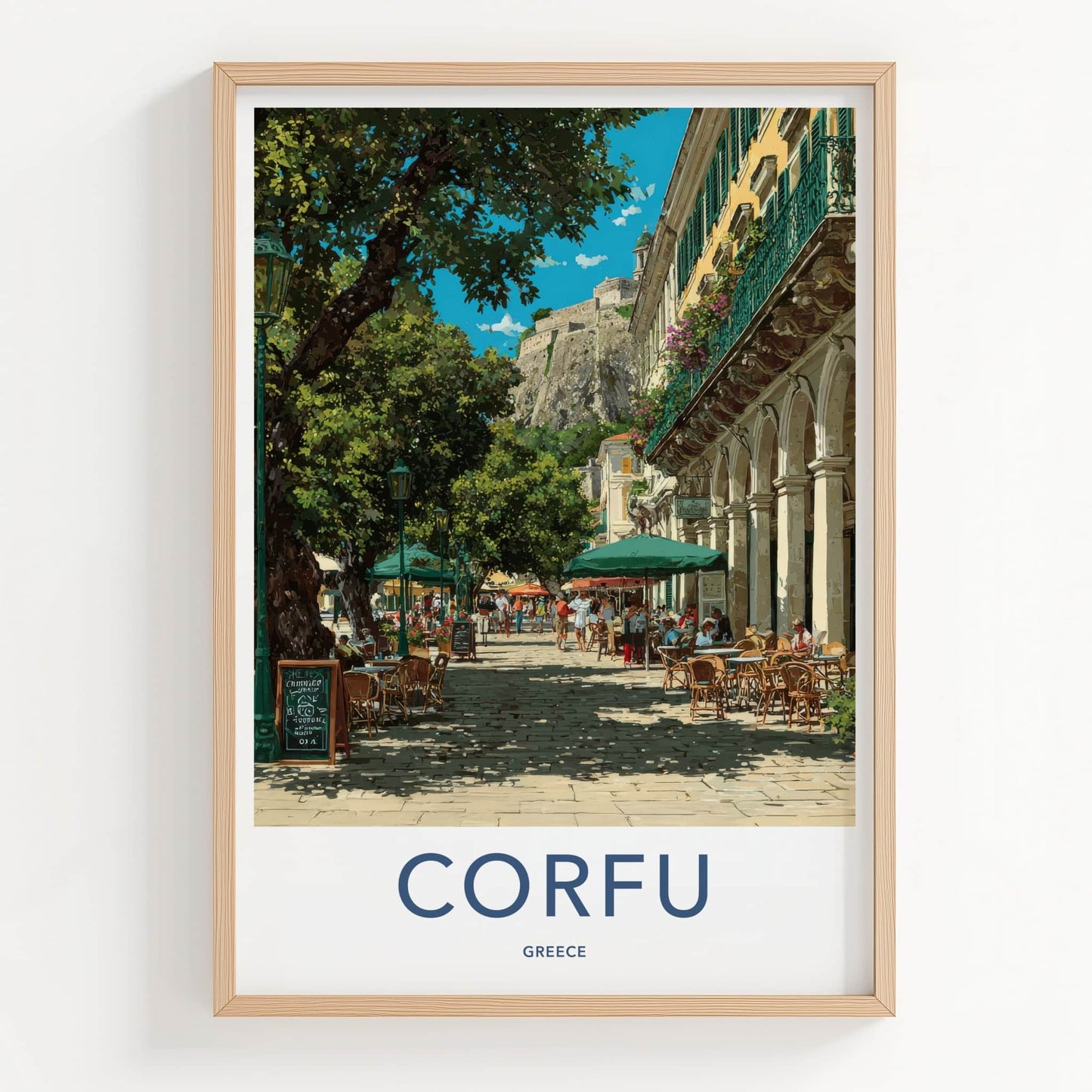 Corfu Poster Greece Street Cafe Scene Framed Print Home Decor