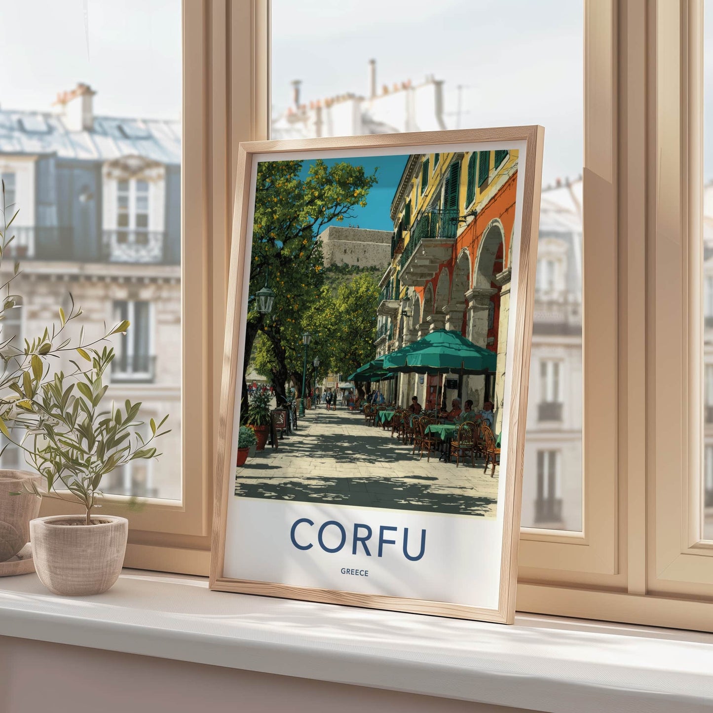 Corfu Poster Greece Street Cafe Umbrellas Home Decor