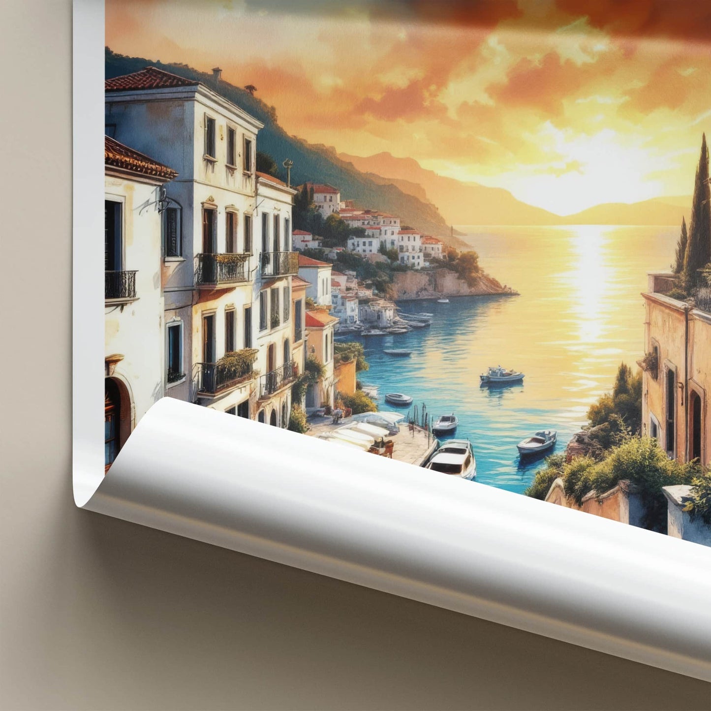 Corfu Poster - Greece Travel Art - Orange Sunset Harbor Home Decor