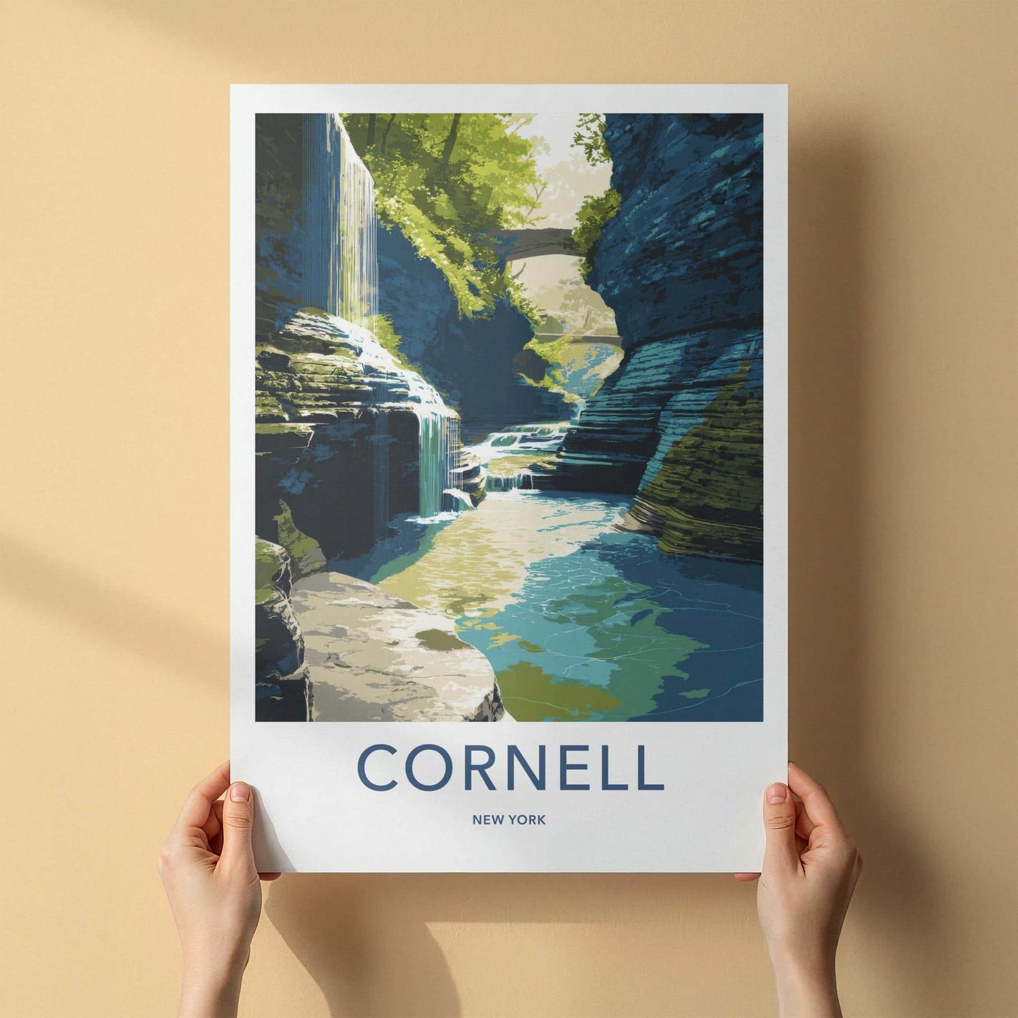 Cornell Poster - New York Travel Art - Gorge Waterfall Bridge Home Decor