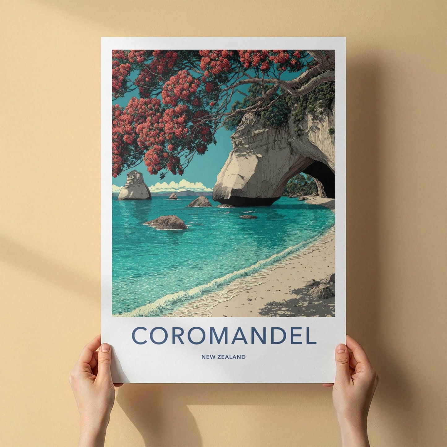 Coromandel Poster - New Zealand Travel Art - Coastal Archway Blooms Home Decor