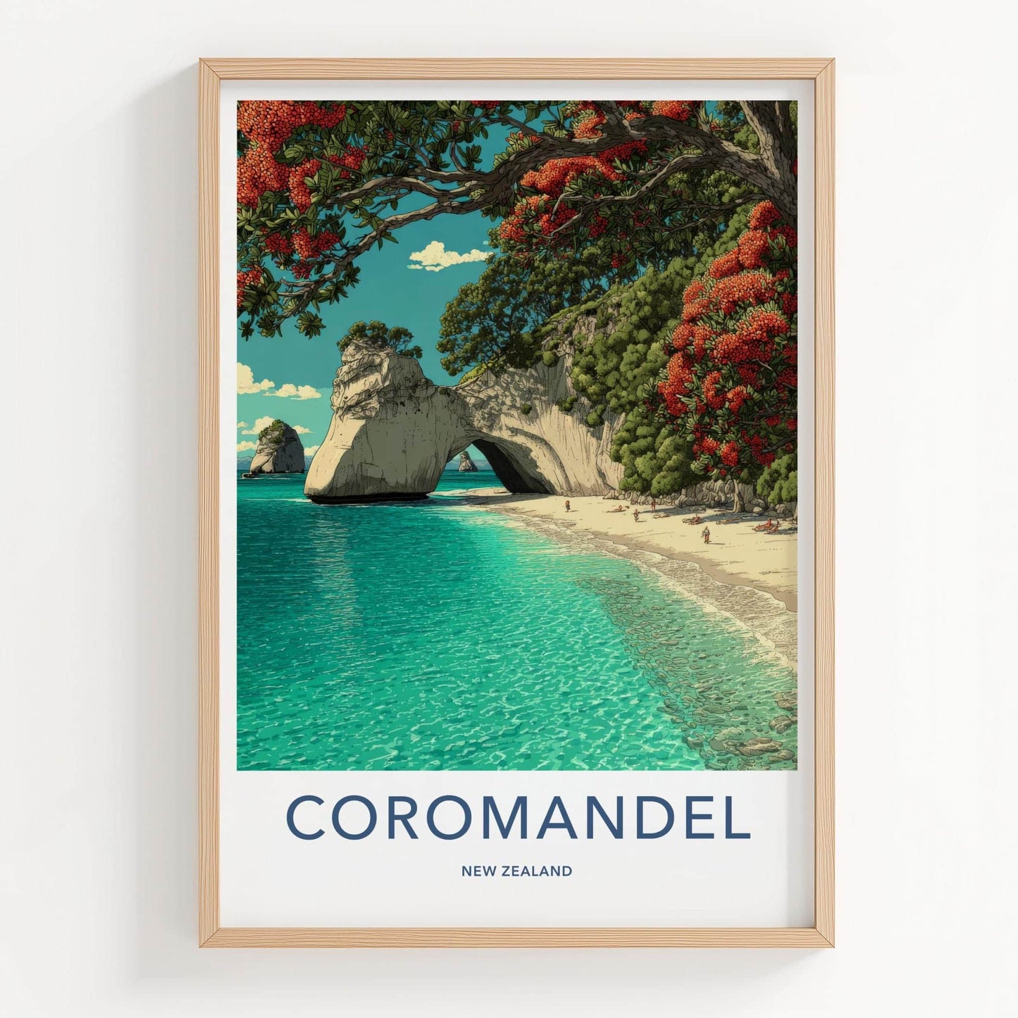 Coromandel Poster - New Zealand Travel Art - Ocean Cave Pohutukawa Home Decor