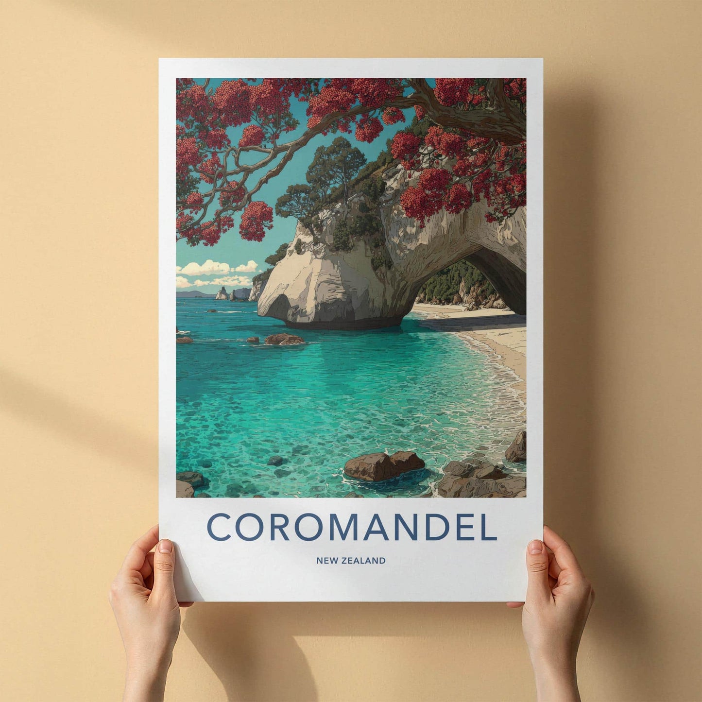 Coromandel Poster - New Zealand Travel Art - Pohutukawa Arch Beach Home Decor