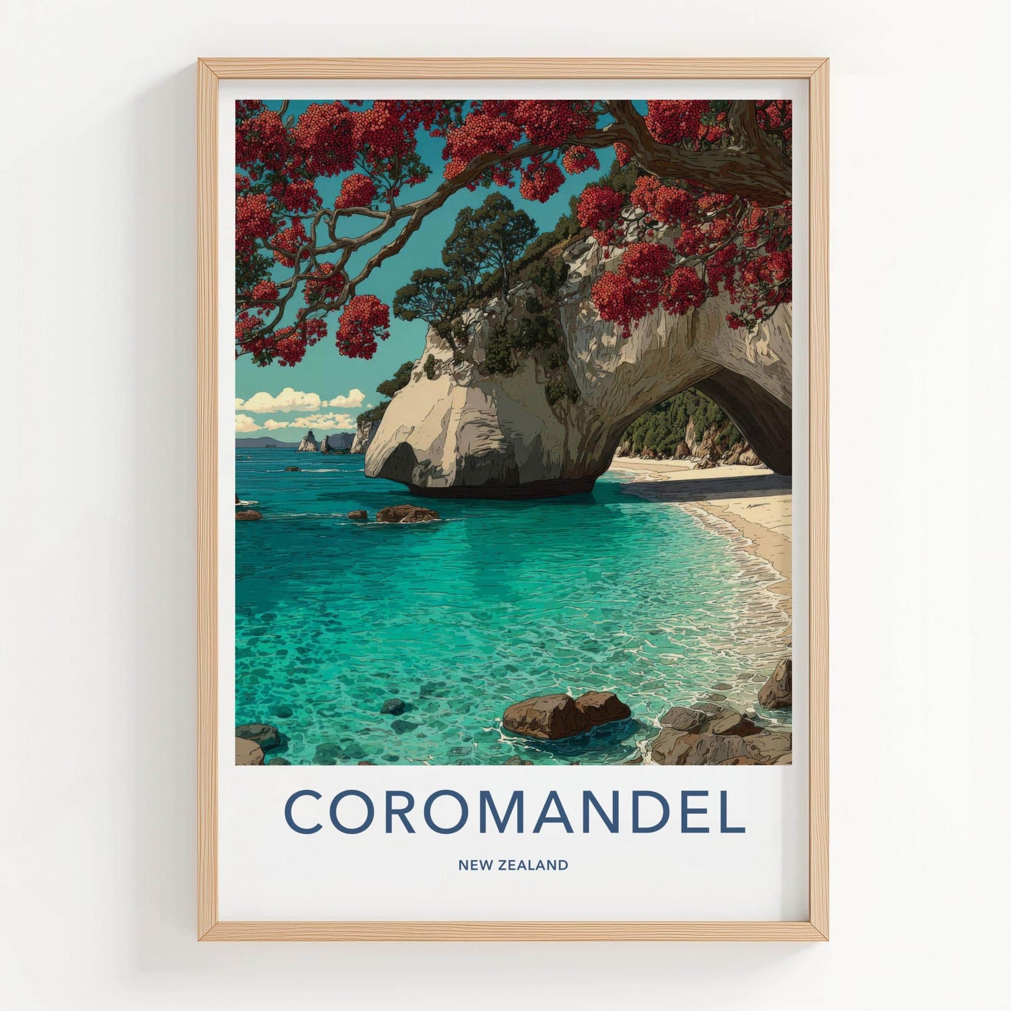 Coromandel Poster - New Zealand Travel Art - Pohutukawa Arch Beach Home Decor