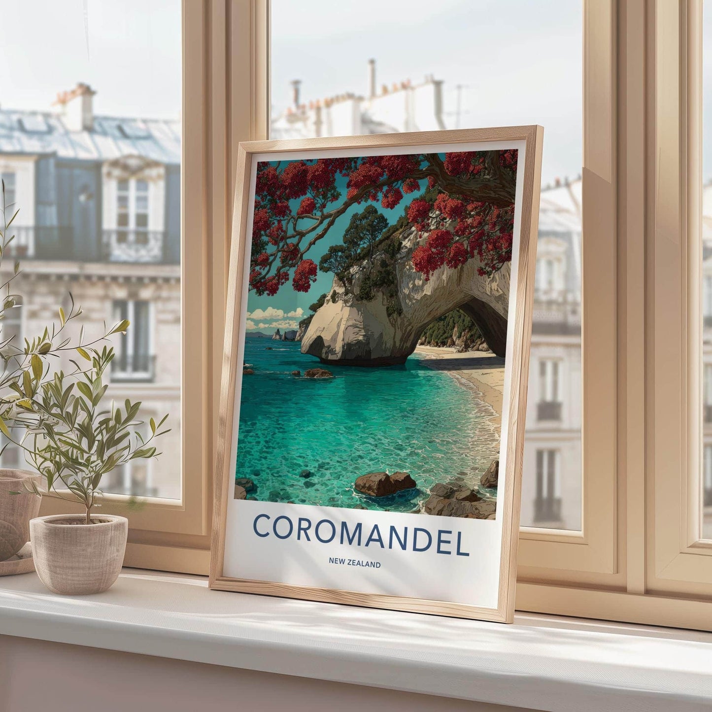 Coromandel Poster - New Zealand Travel Art - Pohutukawa Arch Beach Home Decor