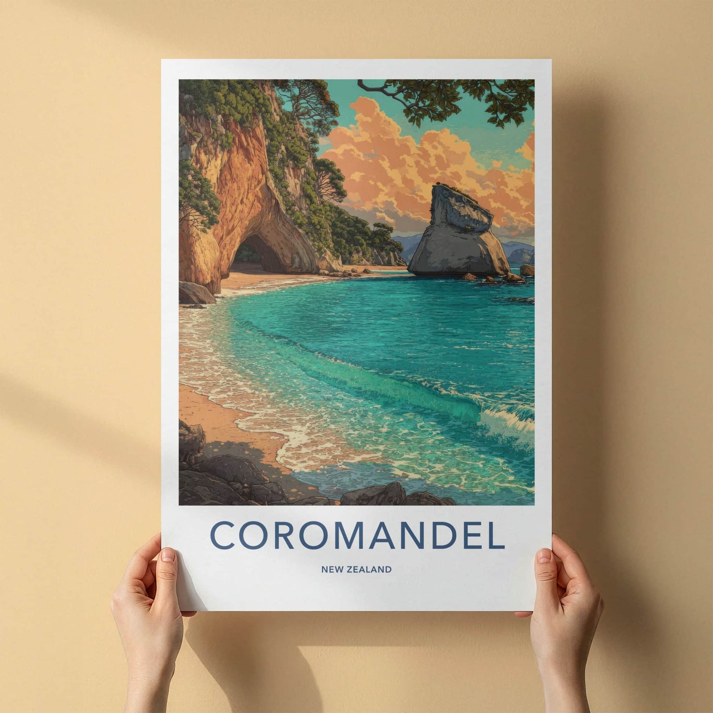 Coromandel Poster - New Zealand Travel Print - Cave Beach Home Decor