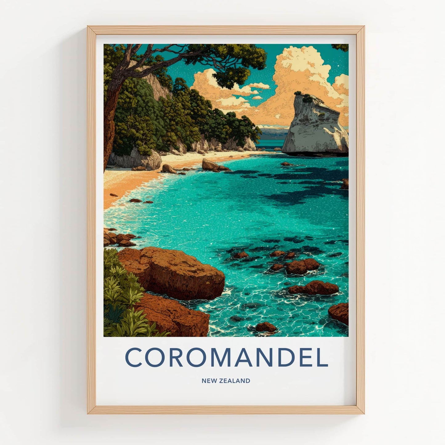 Coromandel Poster New Zealand Travel Print Ocean Beach Cliff Gallery Art