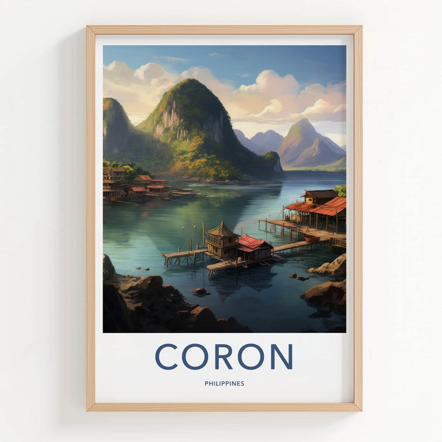 Coron Poster - Philippines Travel Art - Stilt Houses Mountains Home Decor