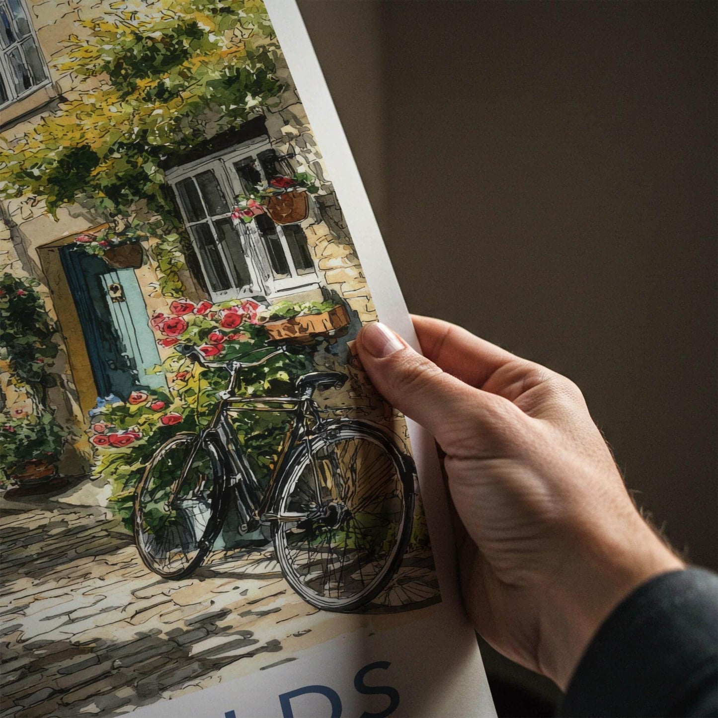 Cotswolds Poster - England Travel Art - Cobblestone Street Bicycle Home Decor