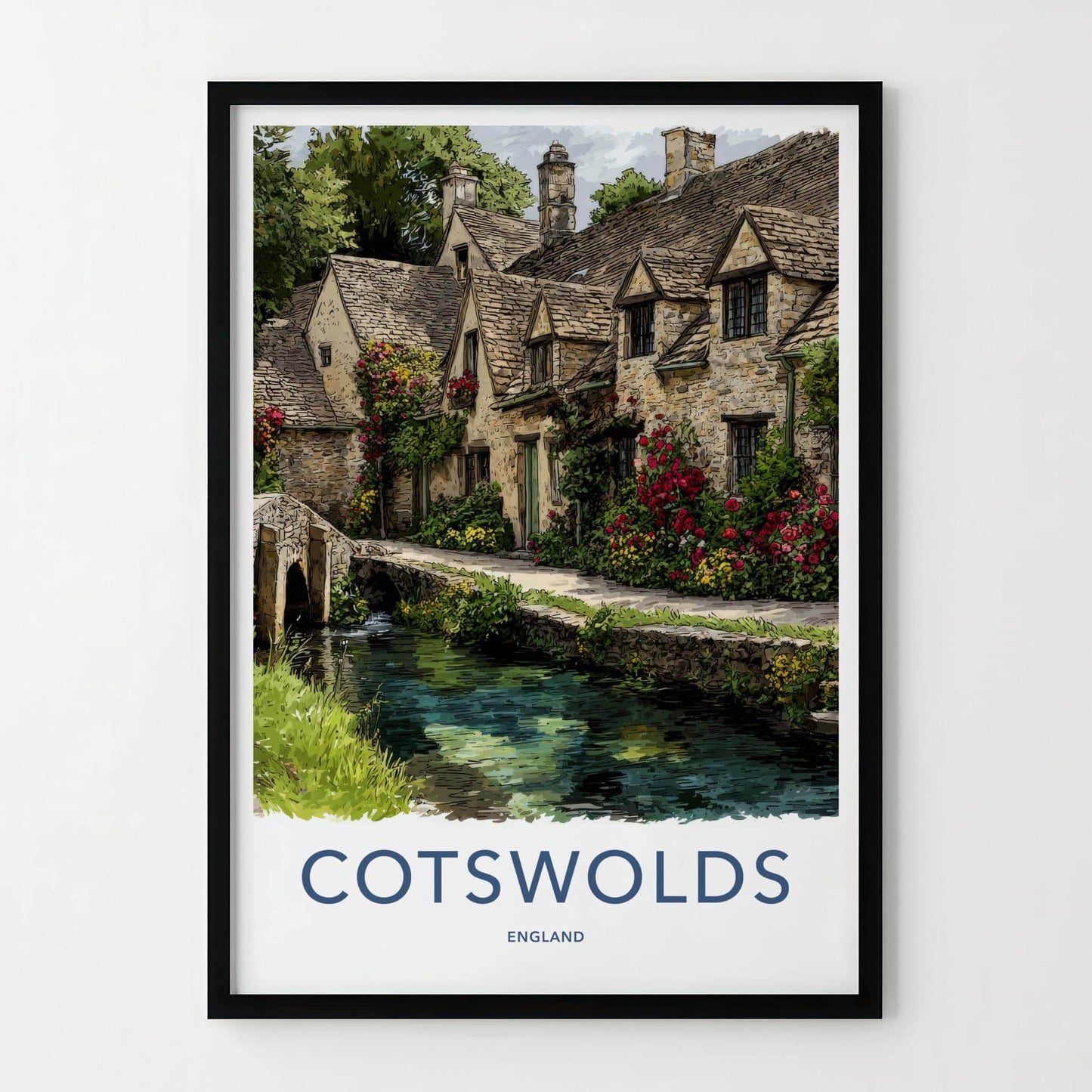 Cotswolds Poster - England Travel Art - Floral Stone Bridge Wall Decor