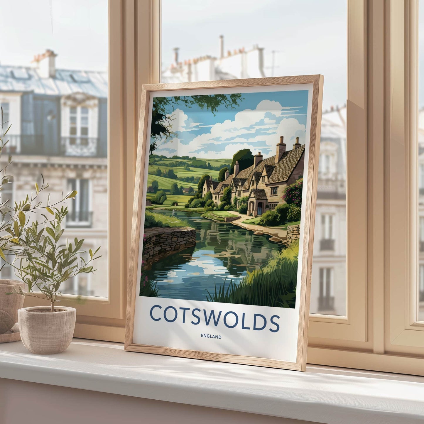 Cotswolds Poster - England Travel Art - Quaint Waterside Houses Home Decor