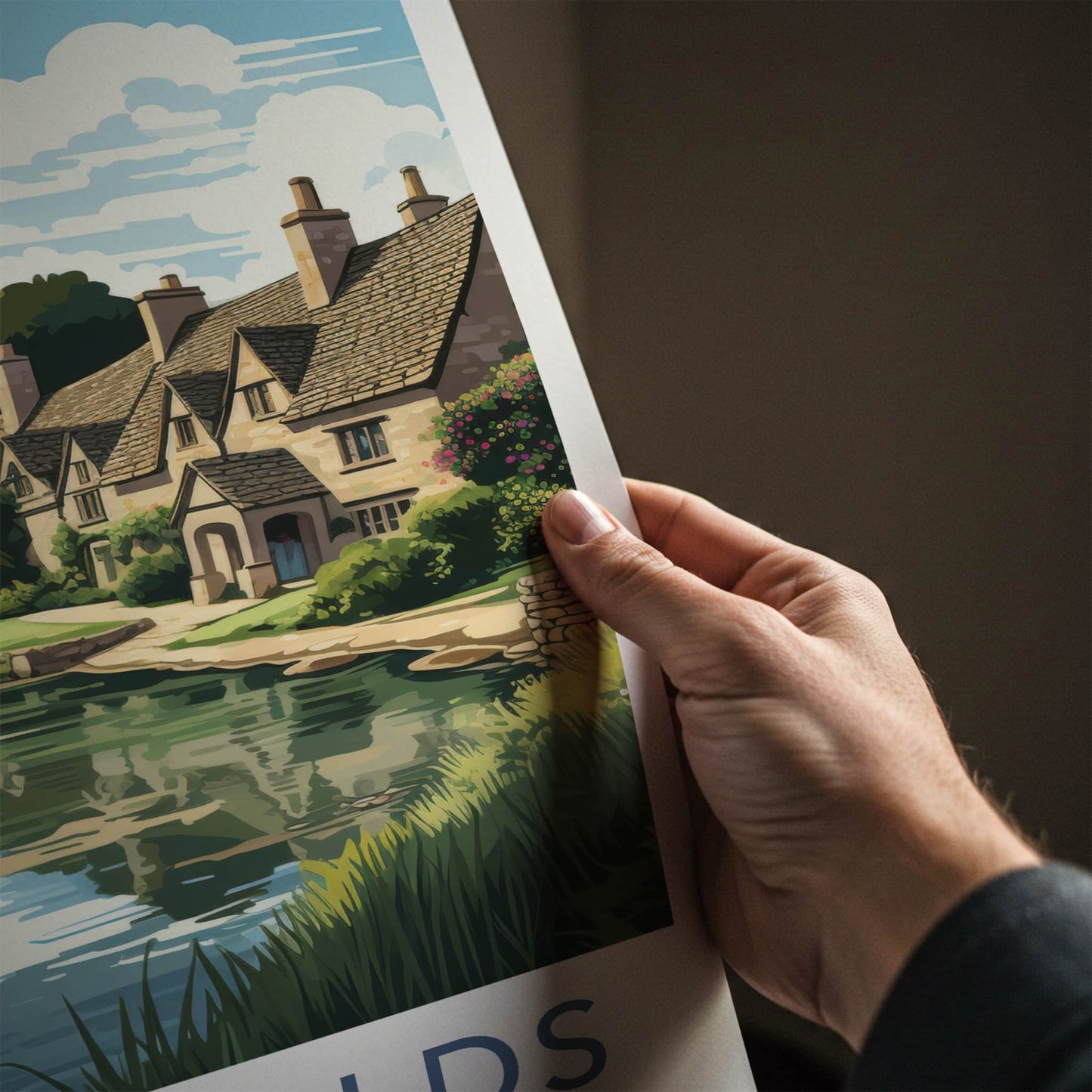 Cotswolds Poster - England Travel Art - Quaint Waterside Houses Home Decor